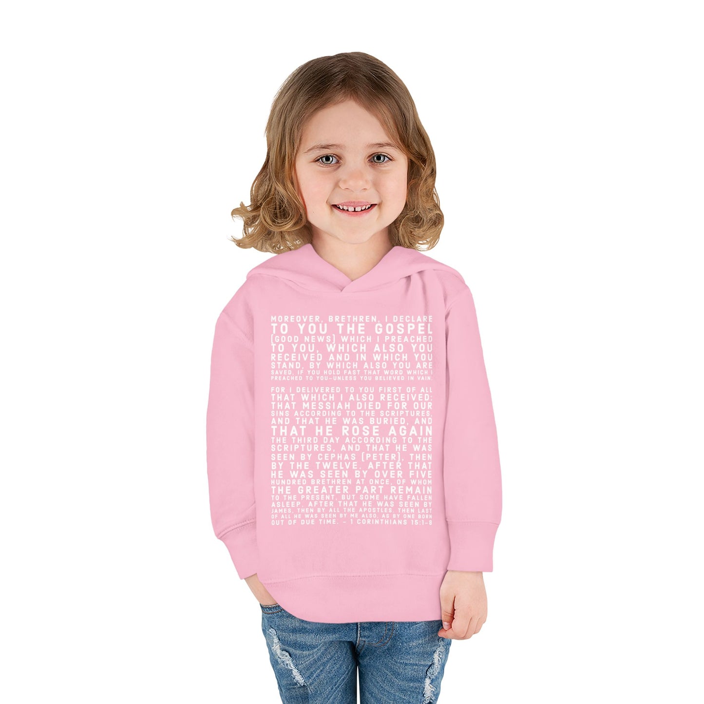 'I declare to you the gospel' - Front Text, Light Lettered Edition - (15 Color Options) - Toddler Pullover Fleece Hoodie