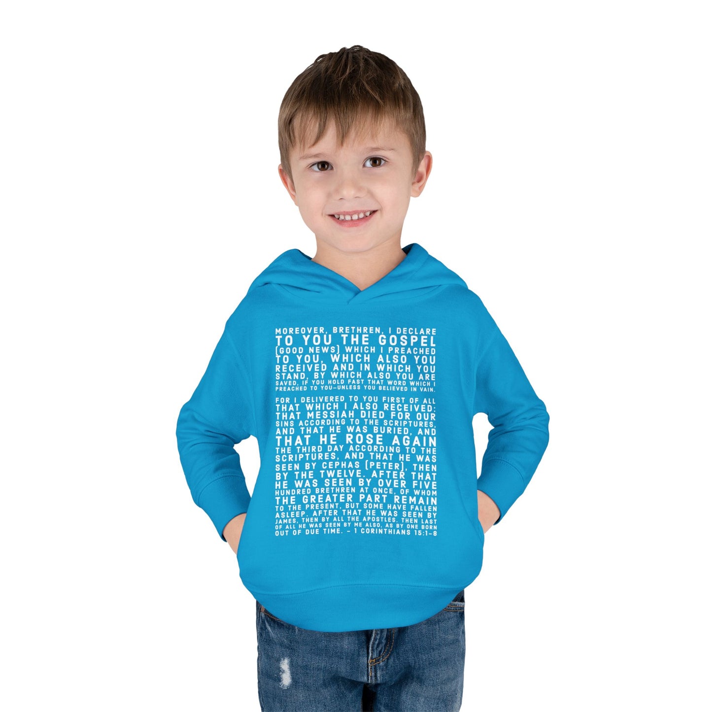 'I declare to you the gospel' - Front Text, Light Lettered Edition - (15 Color Options) - Toddler Pullover Fleece Hoodie