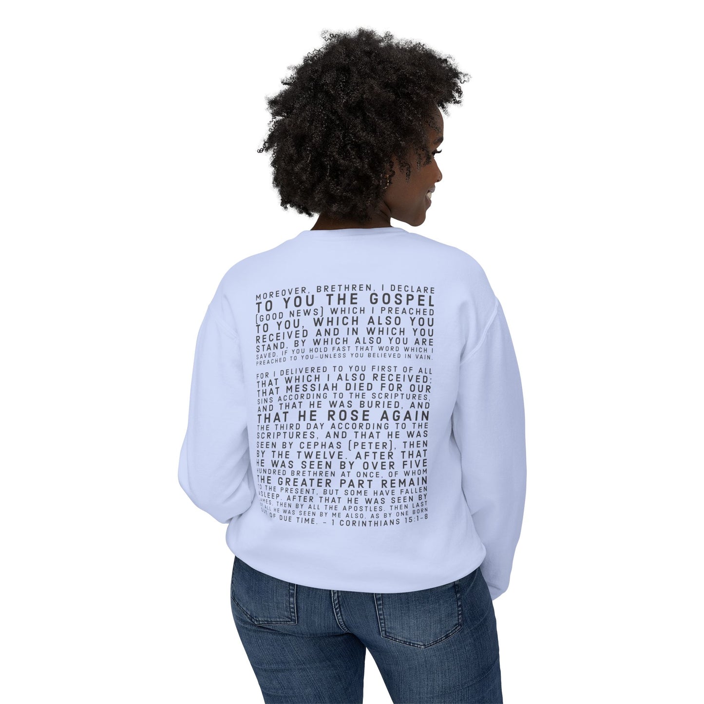 'I declare to you the gospel' - Back Text, Dark Lettered Edition - (7 Color Options) - Adult Unisex Lightweight Crewneck Sweatshirt