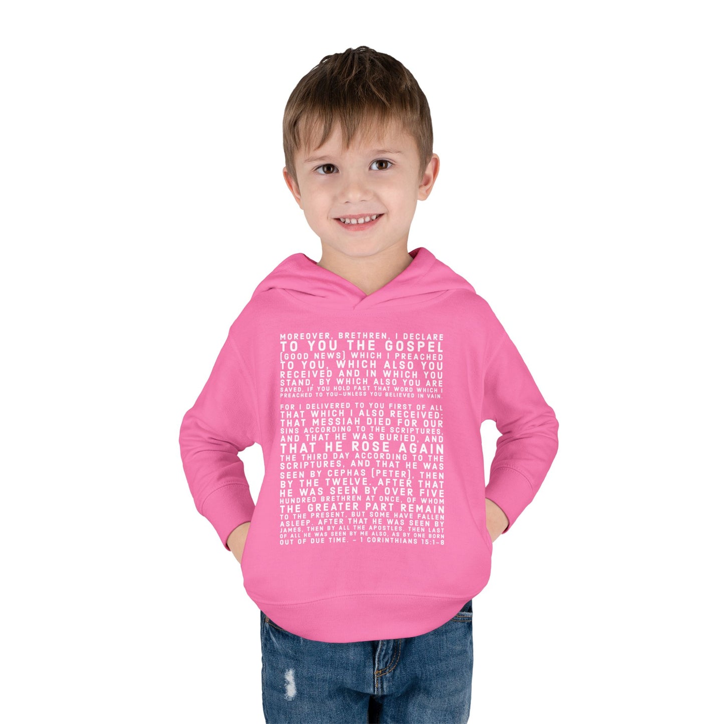 'I declare to you the gospel' - Front Text, Light Lettered Edition - (15 Color Options) - Toddler Pullover Fleece Hoodie
