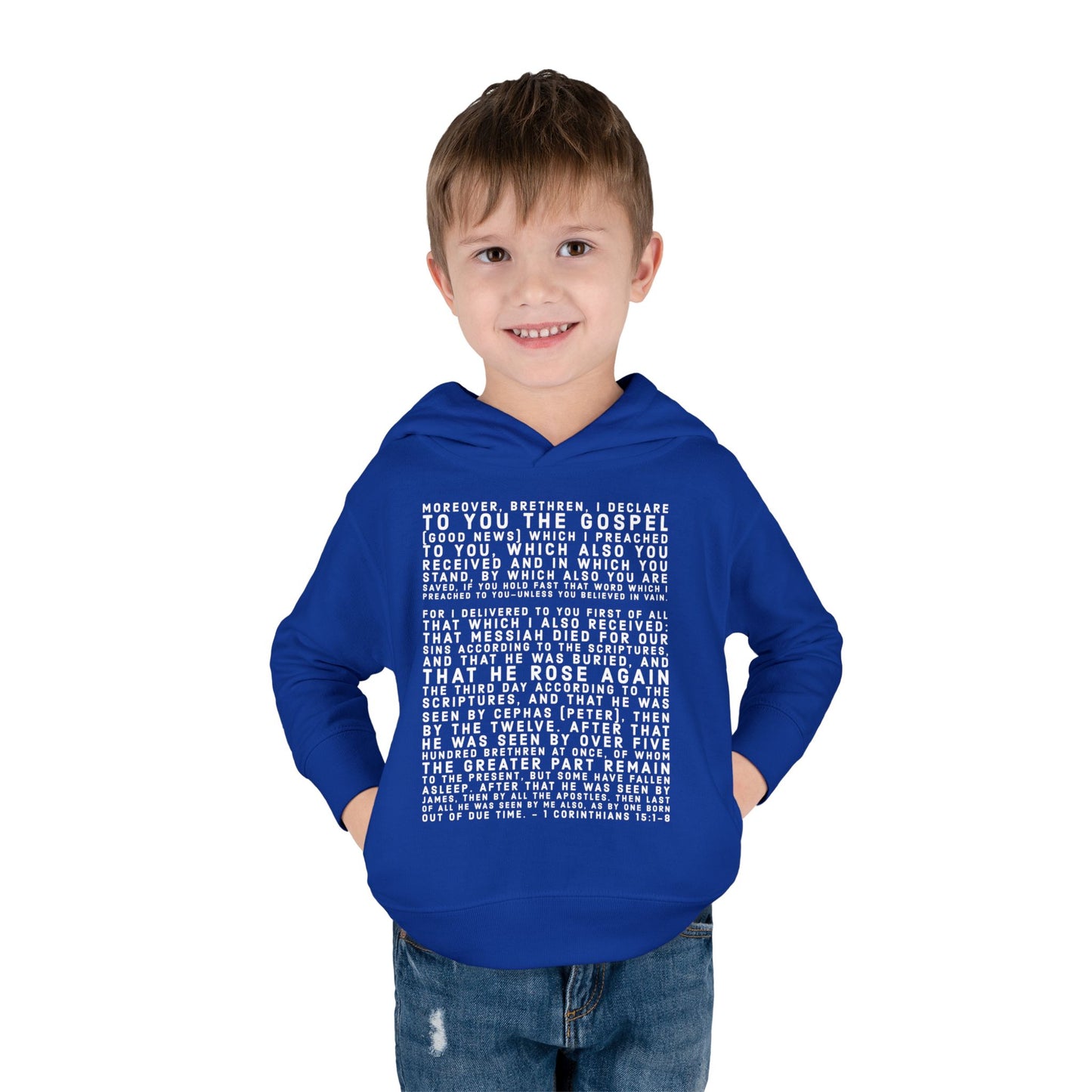 'I declare to you the gospel' - Front Text, Light Lettered Edition - (15 Color Options) - Toddler Pullover Fleece Hoodie
