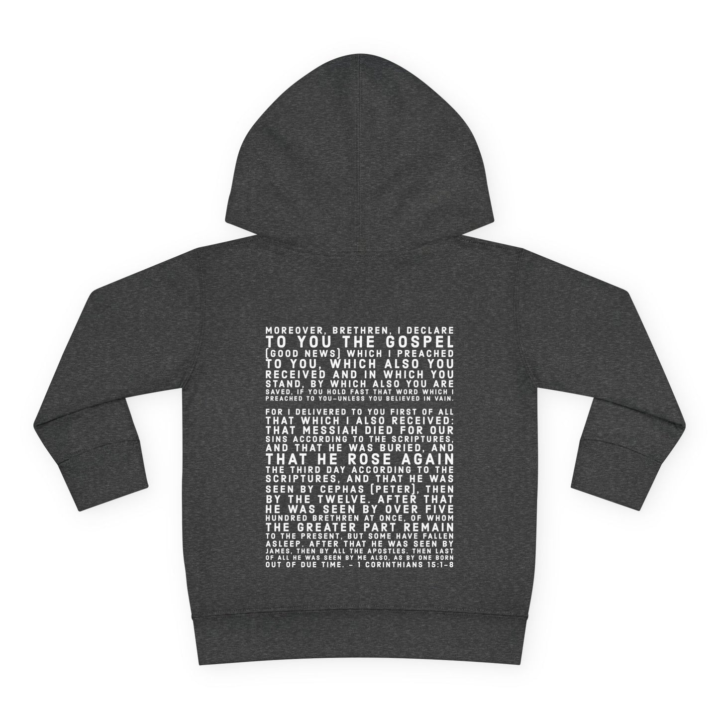 'I declare to you the gospel' - Back Text, Light Lettered Edition - (15 Color Options) - Toddler Pullover Fleece Hoodie