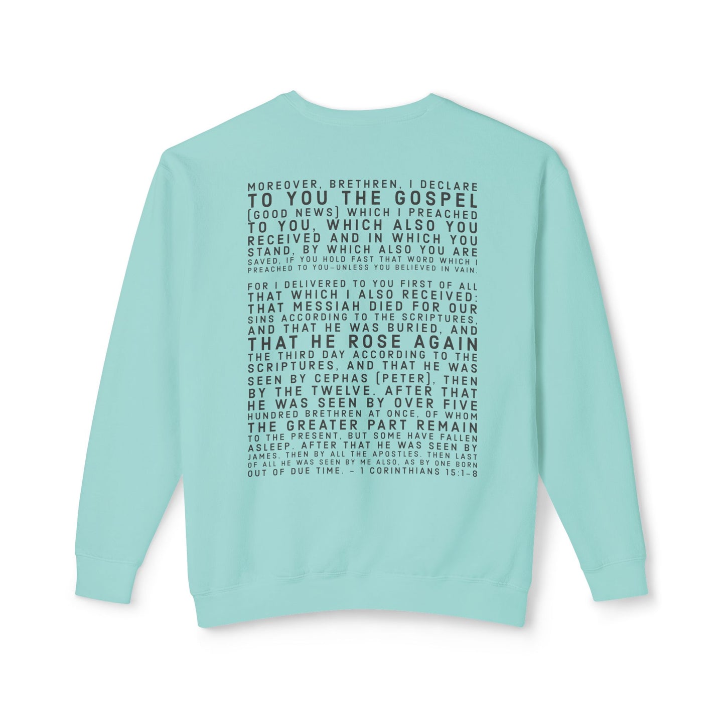 'I declare to you the gospel' - Back Text, Dark Lettered Edition - (7 Color Options) - Adult Unisex Lightweight Crewneck Sweatshirt