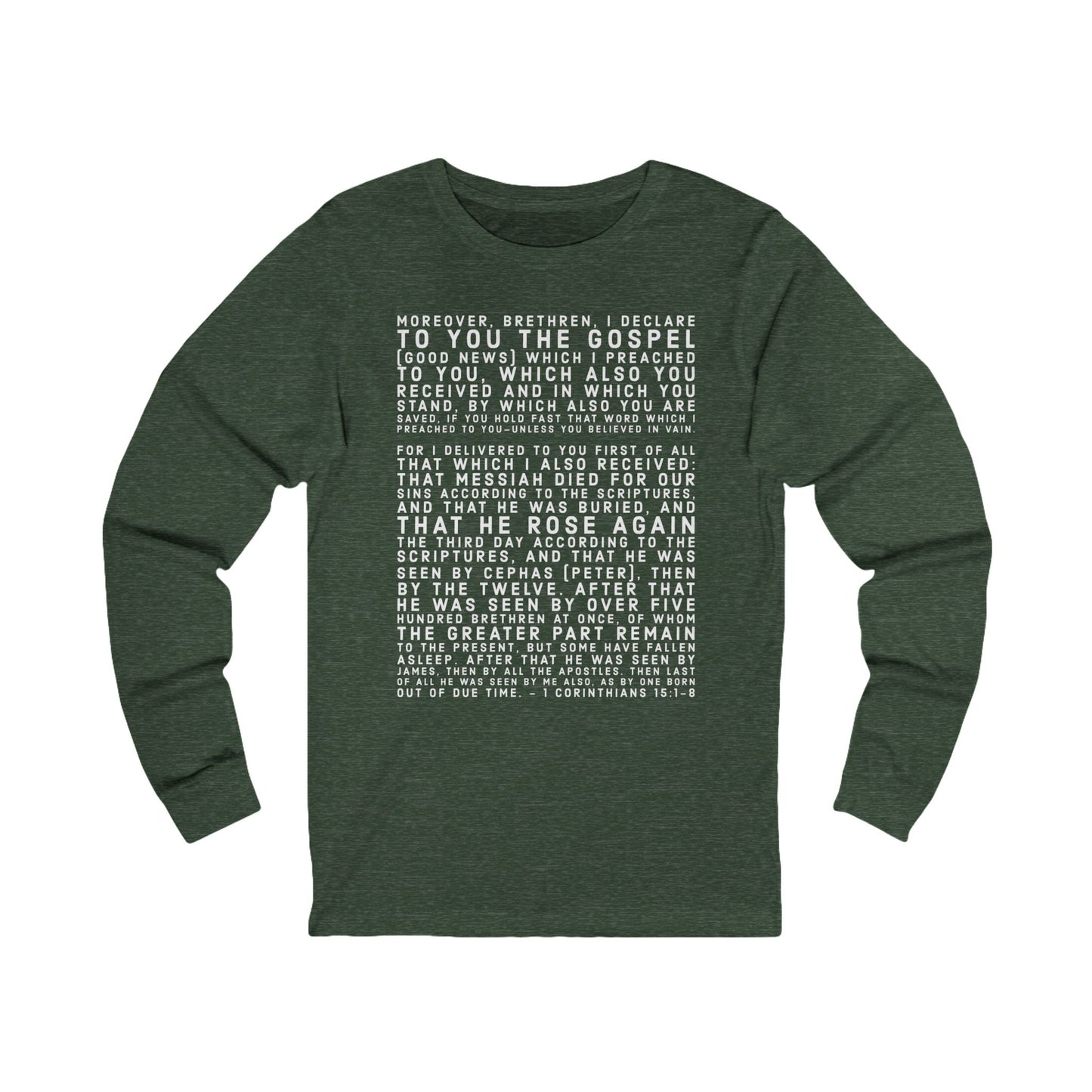 'I declare to you the gospel' - Front Text, Light Lettered Edition - (11 Color Options) - Adult Unisex Jersey Long Sleeve Tee