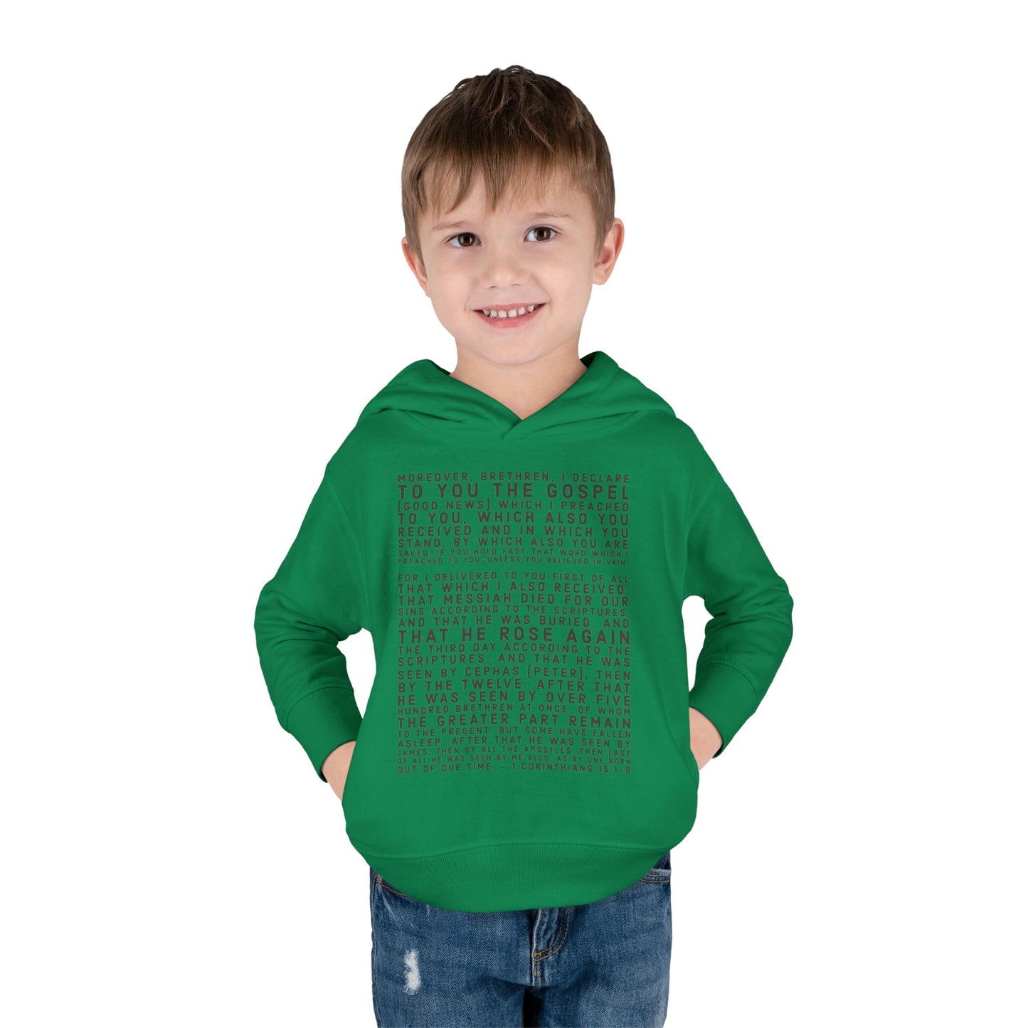 'I declare to you the gospel' - Front Text, Dark Lettered Edition - (7 Color Options) - Toddler Pullover Fleece Hoodie