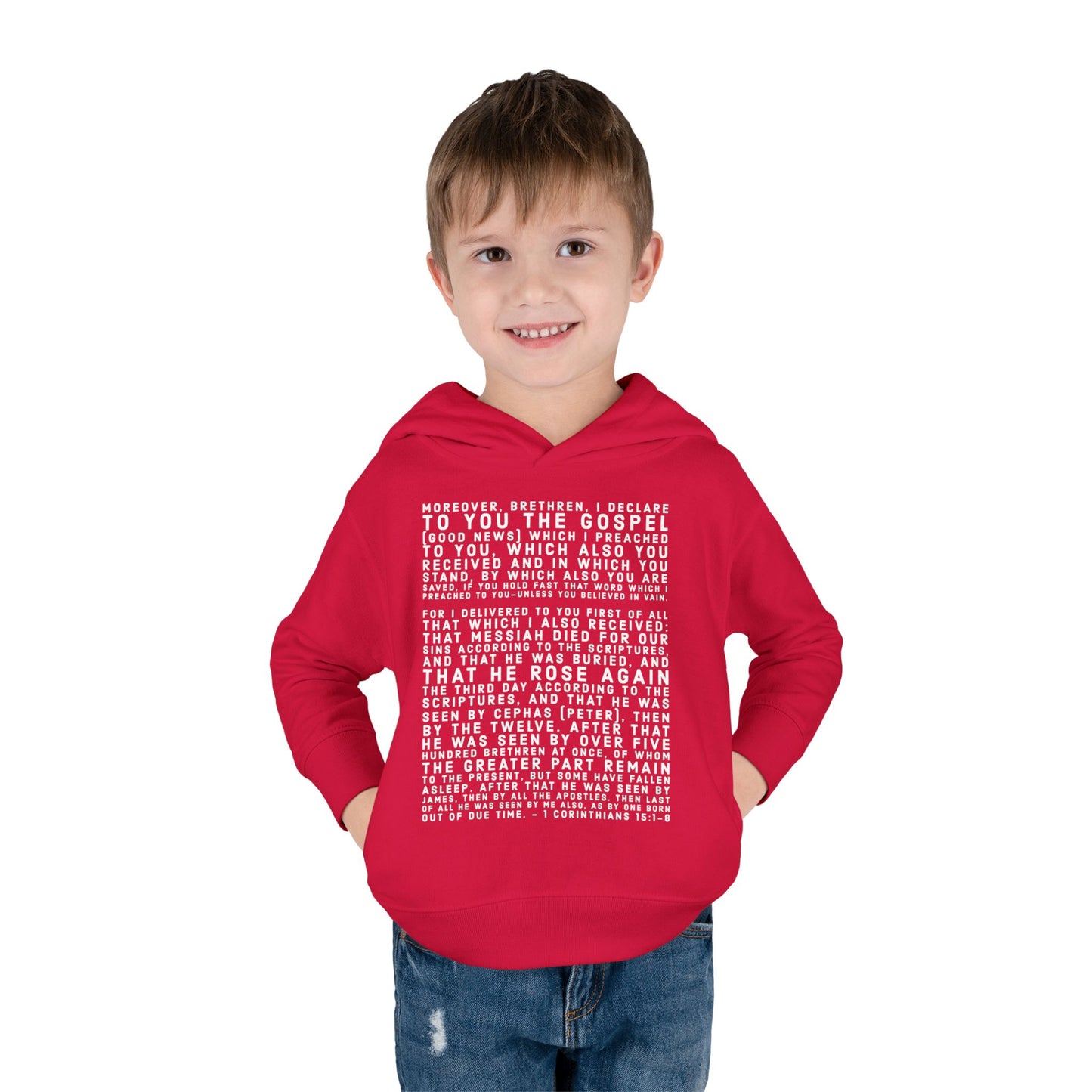 'I declare to you the gospel' - Front Text, Light Lettered Edition - (15 Color Options) - Toddler Pullover Fleece Hoodie