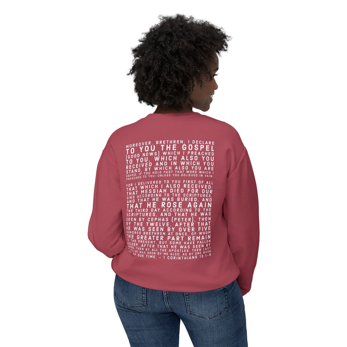 'I declare to you the gospel' - Back Text, Light Lettered Edition - (10 Color Options) - Adult Unisex Lightweight Crewneck Sweatshirt