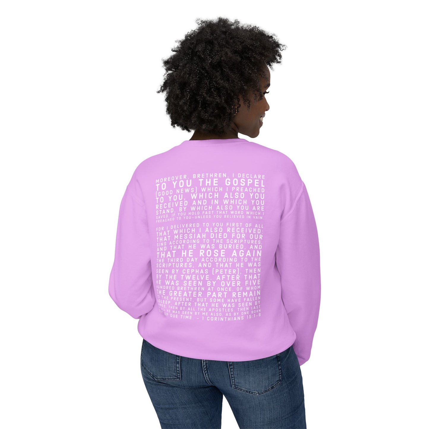 'I declare to you the gospel' - Back Text, Light Lettered Edition - (10 Color Options) - Adult Unisex Lightweight Crewneck Sweatshirt