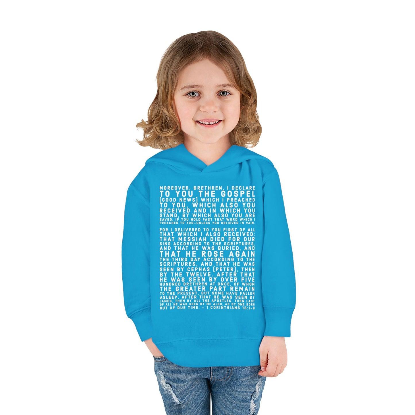 'I declare to you the gospel' - Front Text, Light Lettered Edition - (15 Color Options) - Toddler Pullover Fleece Hoodie