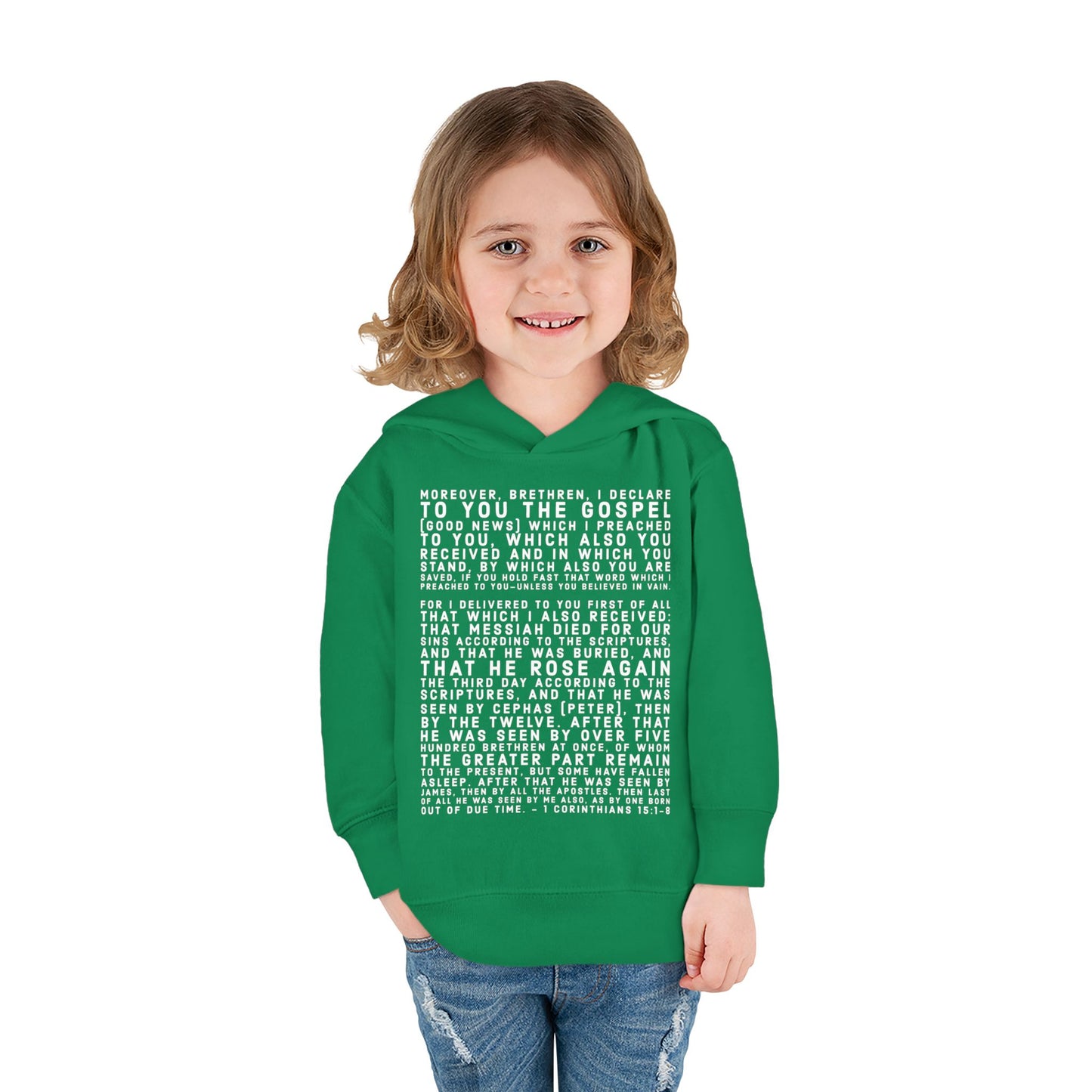 'I declare to you the gospel' - Front Text, Light Lettered Edition - (15 Color Options) - Toddler Pullover Fleece Hoodie