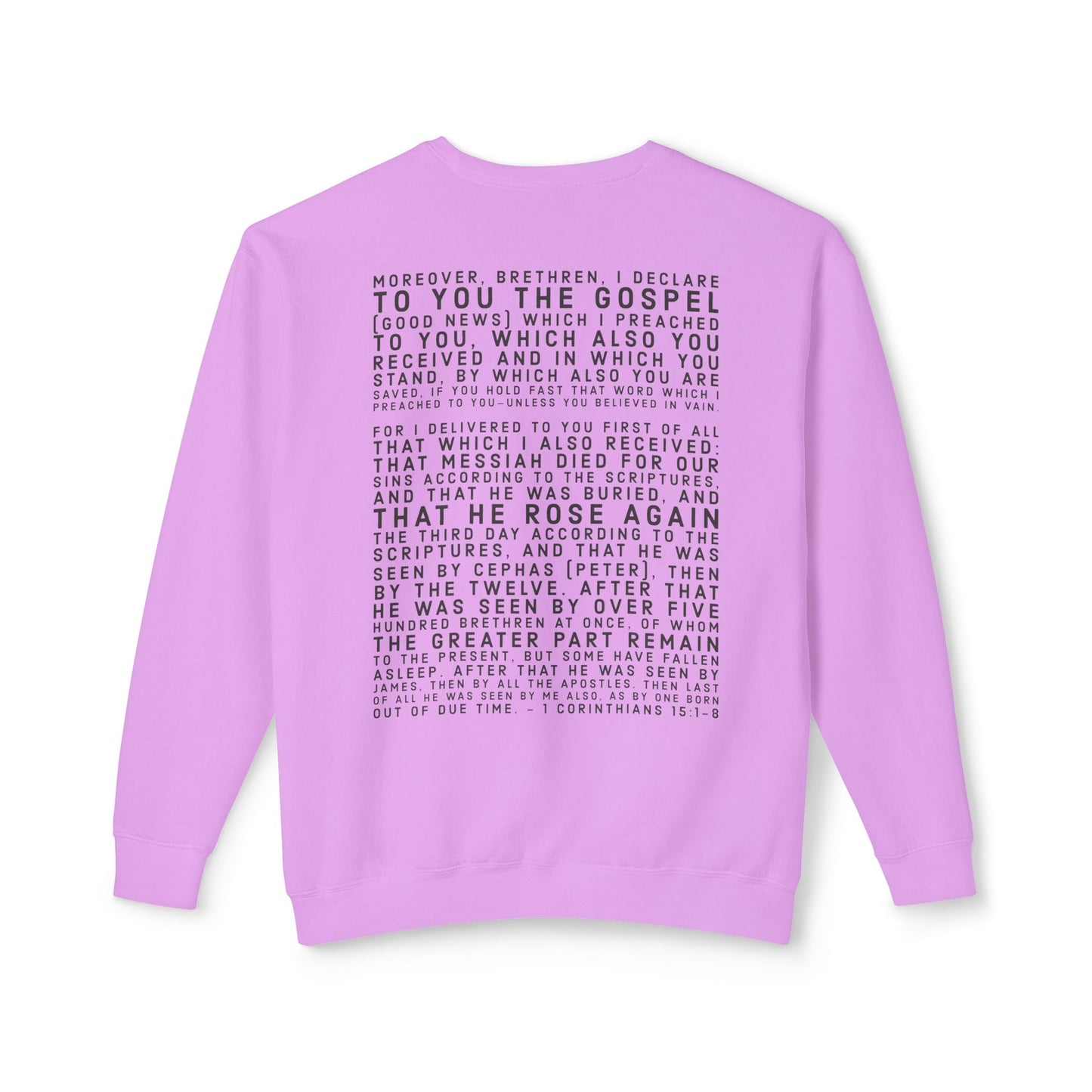 'I declare to you the gospel' - Back Text, Dark Lettered Edition - (7 Color Options) - Adult Unisex Lightweight Crewneck Sweatshirt