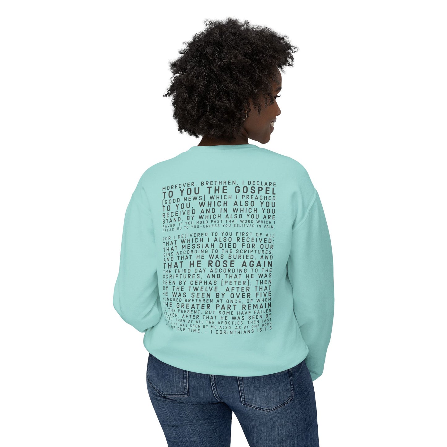 'I declare to you the gospel' - Back Text, Dark Lettered Edition - (7 Color Options) - Adult Unisex Lightweight Crewneck Sweatshirt