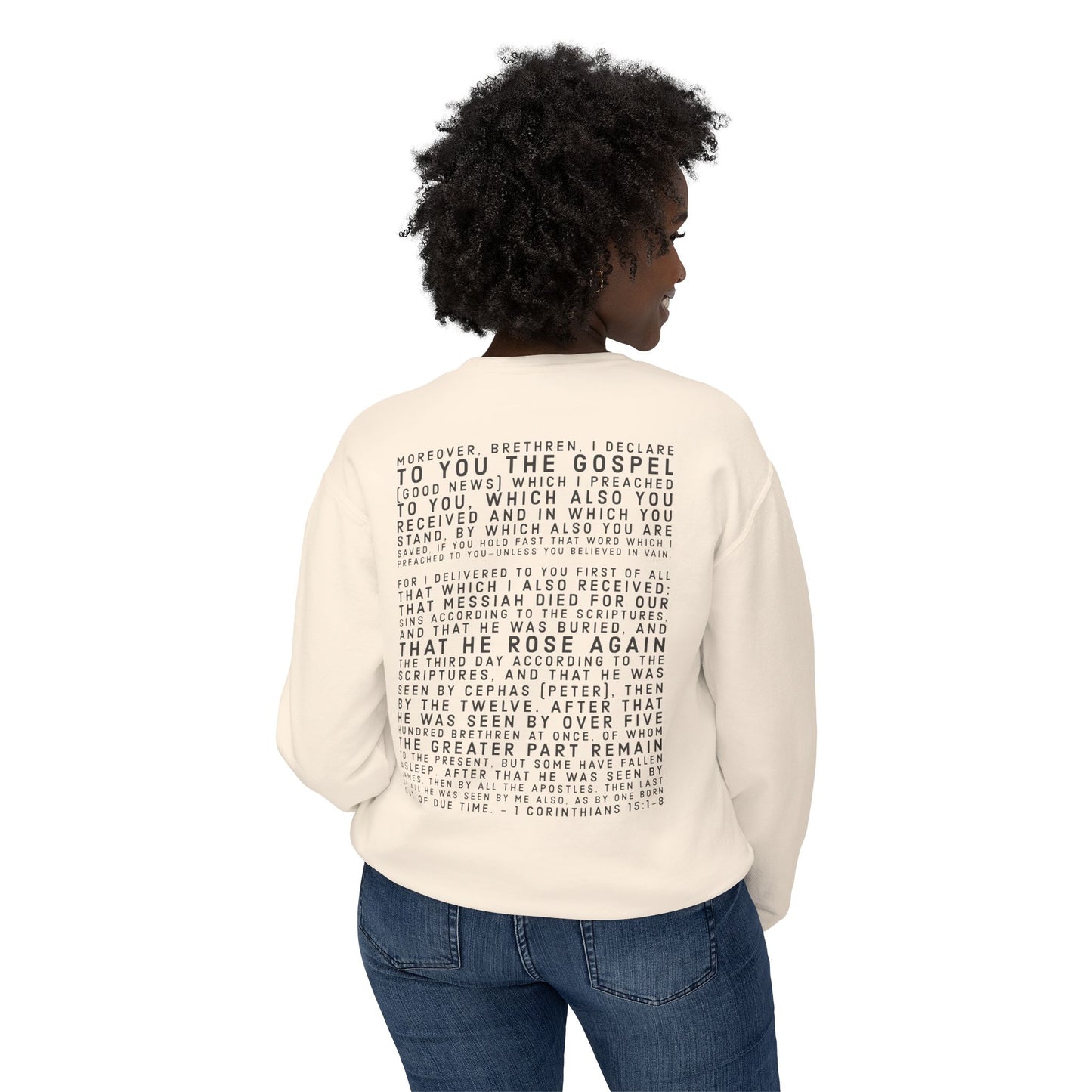 'I declare to you the gospel' - Back Text, Dark Lettered Edition - (7 Color Options) - Adult Unisex Lightweight Crewneck Sweatshirt