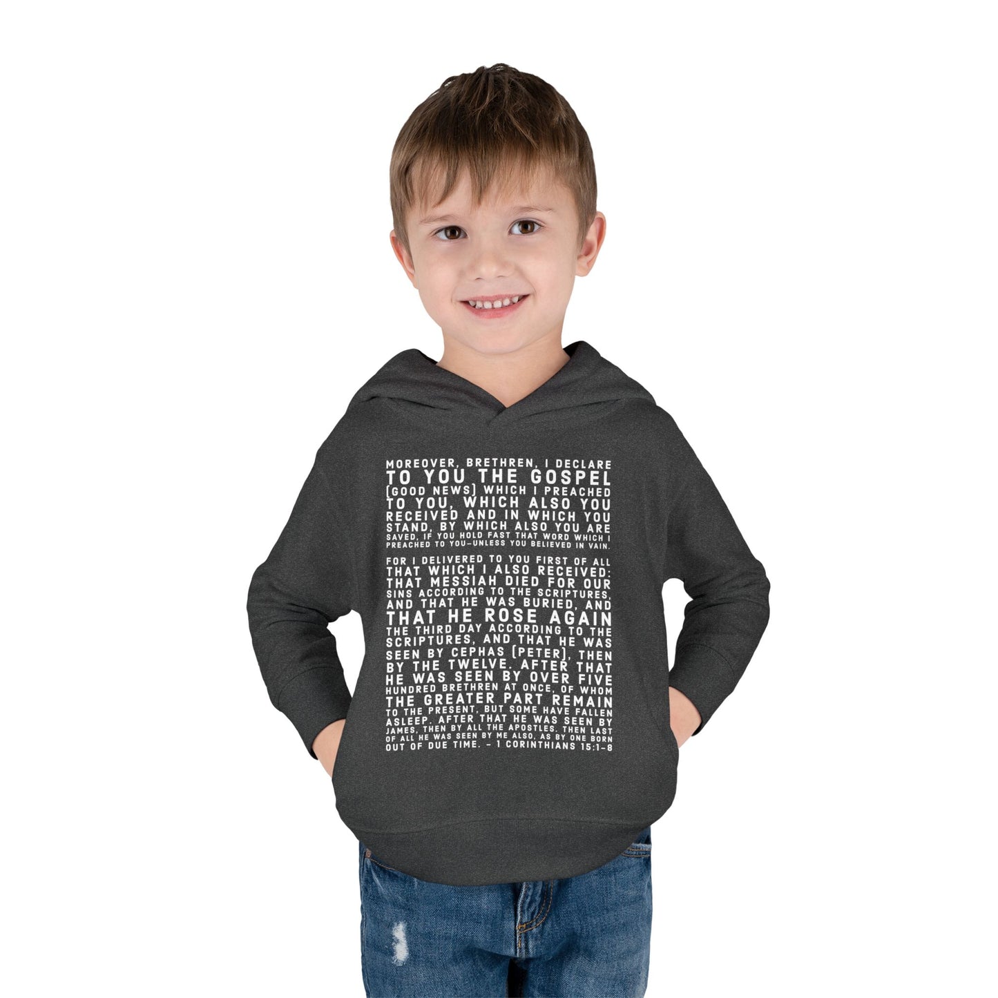 'I declare to you the gospel' - Front Text, Light Lettered Edition - (15 Color Options) - Toddler Pullover Fleece Hoodie