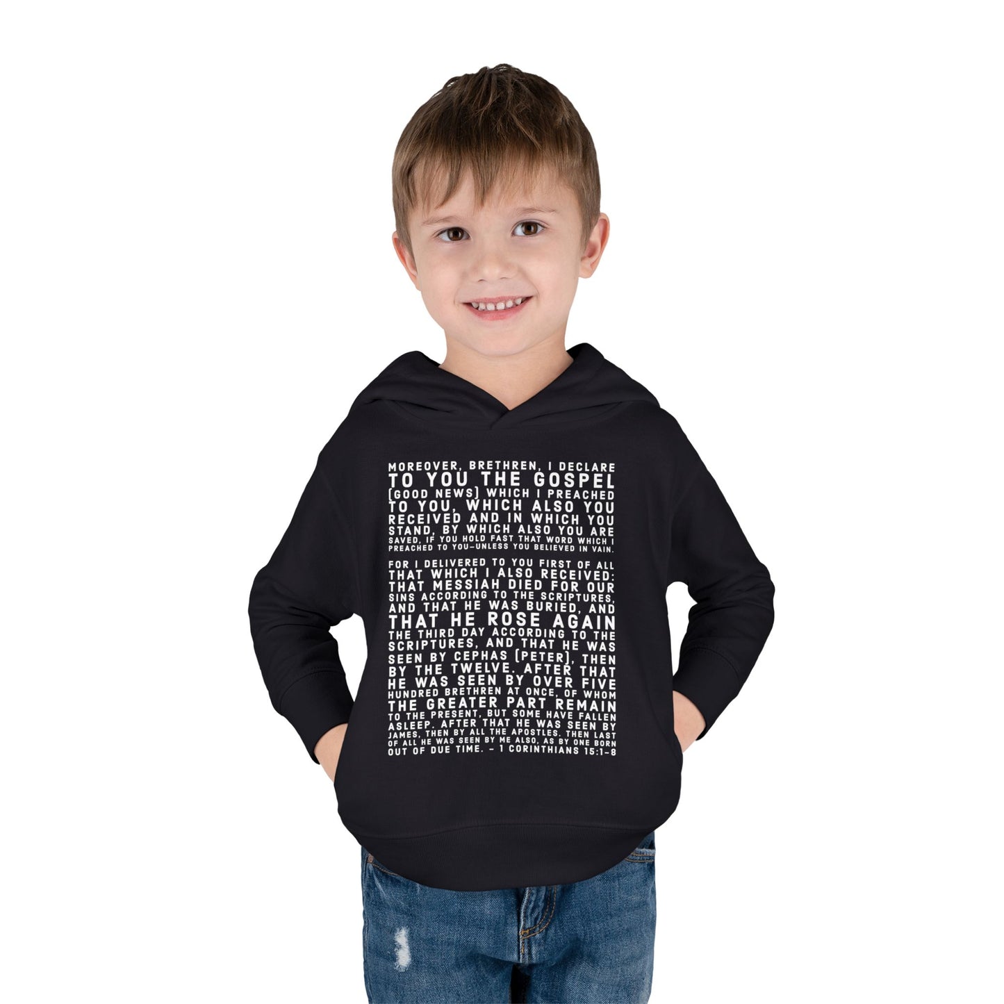 'I declare to you the gospel' - Front Text, Light Lettered Edition - (15 Color Options) - Toddler Pullover Fleece Hoodie