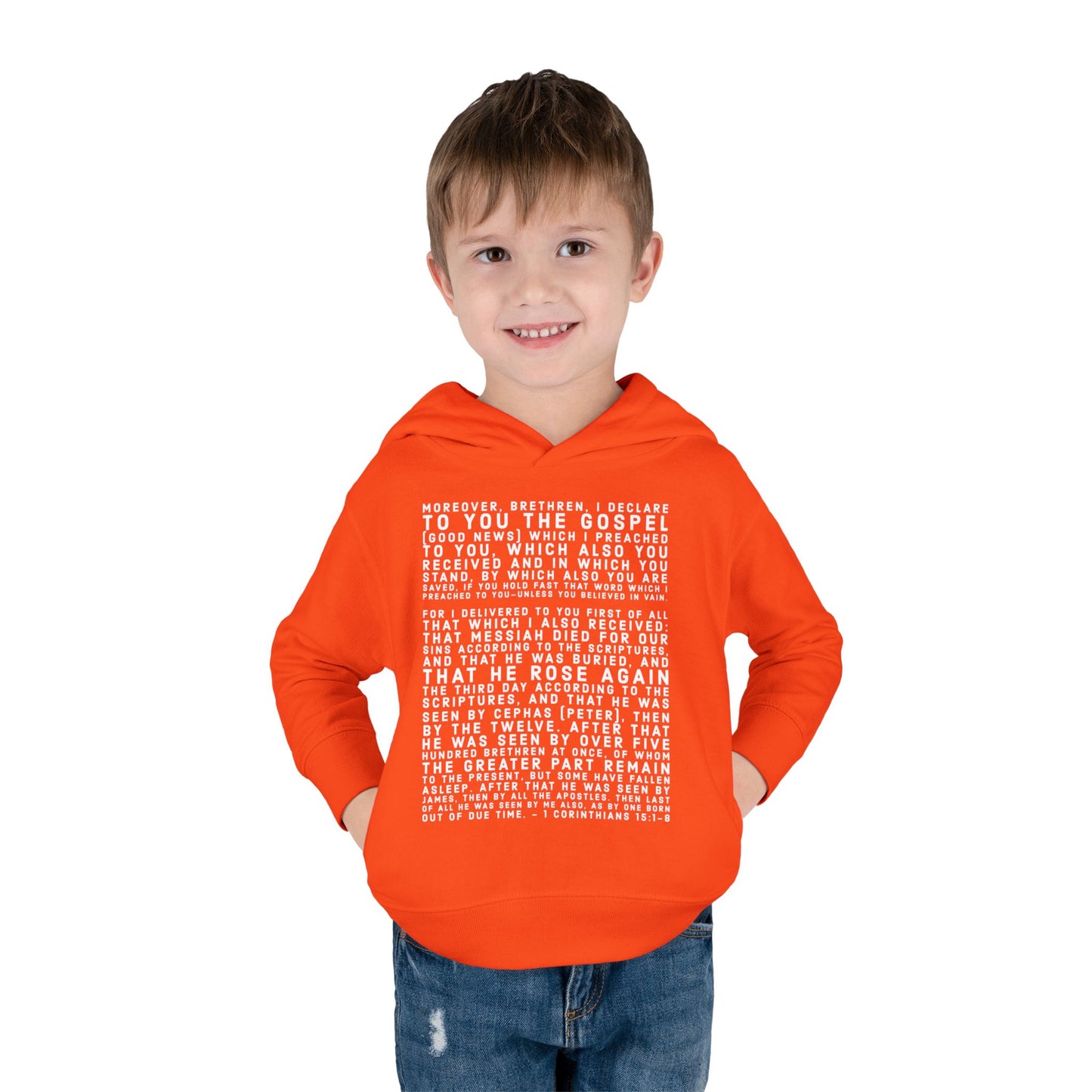 'I declare to you the gospel' - Front Text, Light Lettered Edition - (15 Color Options) - Toddler Pullover Fleece Hoodie