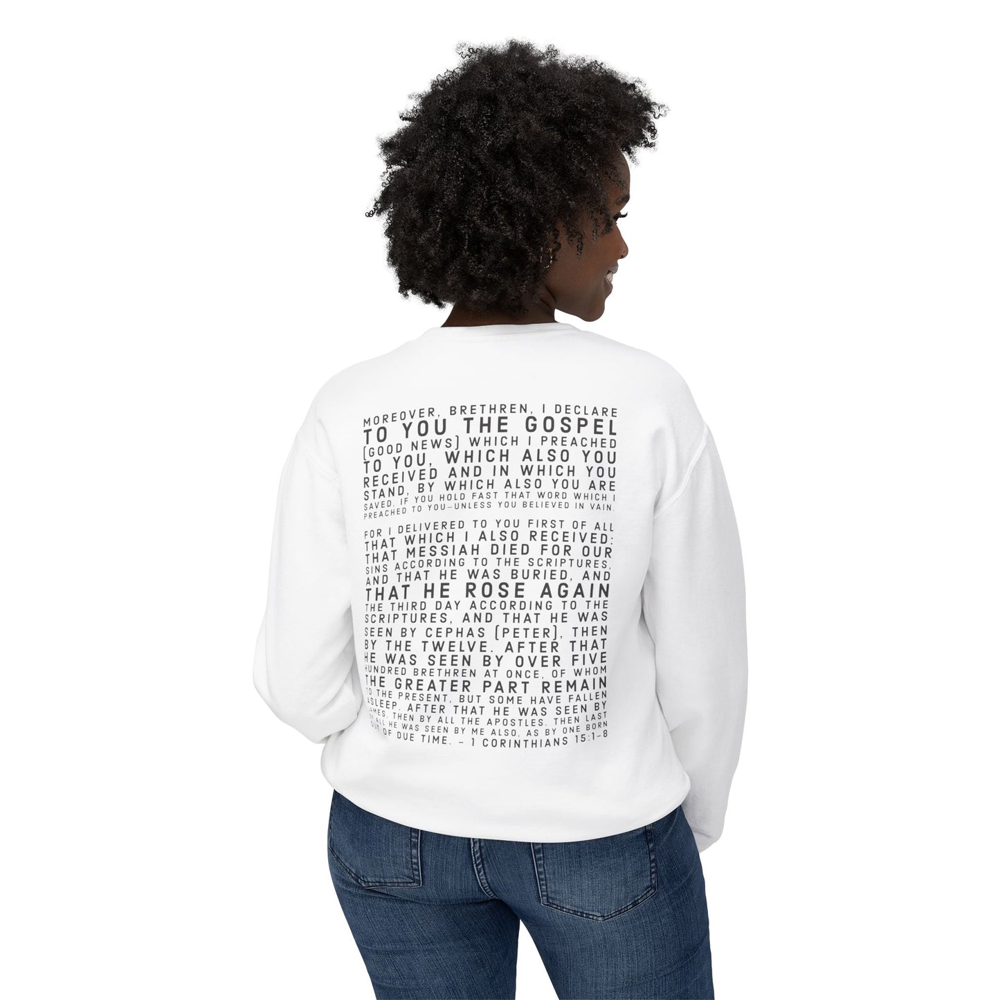 'I declare to you the gospel' - Back Text, Dark Lettered Edition - (7 Color Options) - Adult Unisex Lightweight Crewneck Sweatshirt