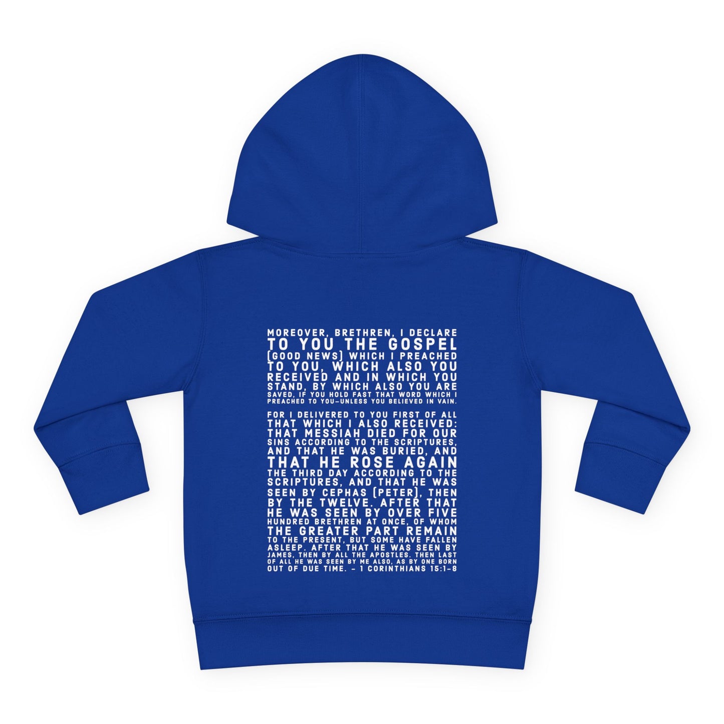 'I declare to you the gospel' - Back Text, Light Lettered Edition - (15 Color Options) - Toddler Pullover Fleece Hoodie