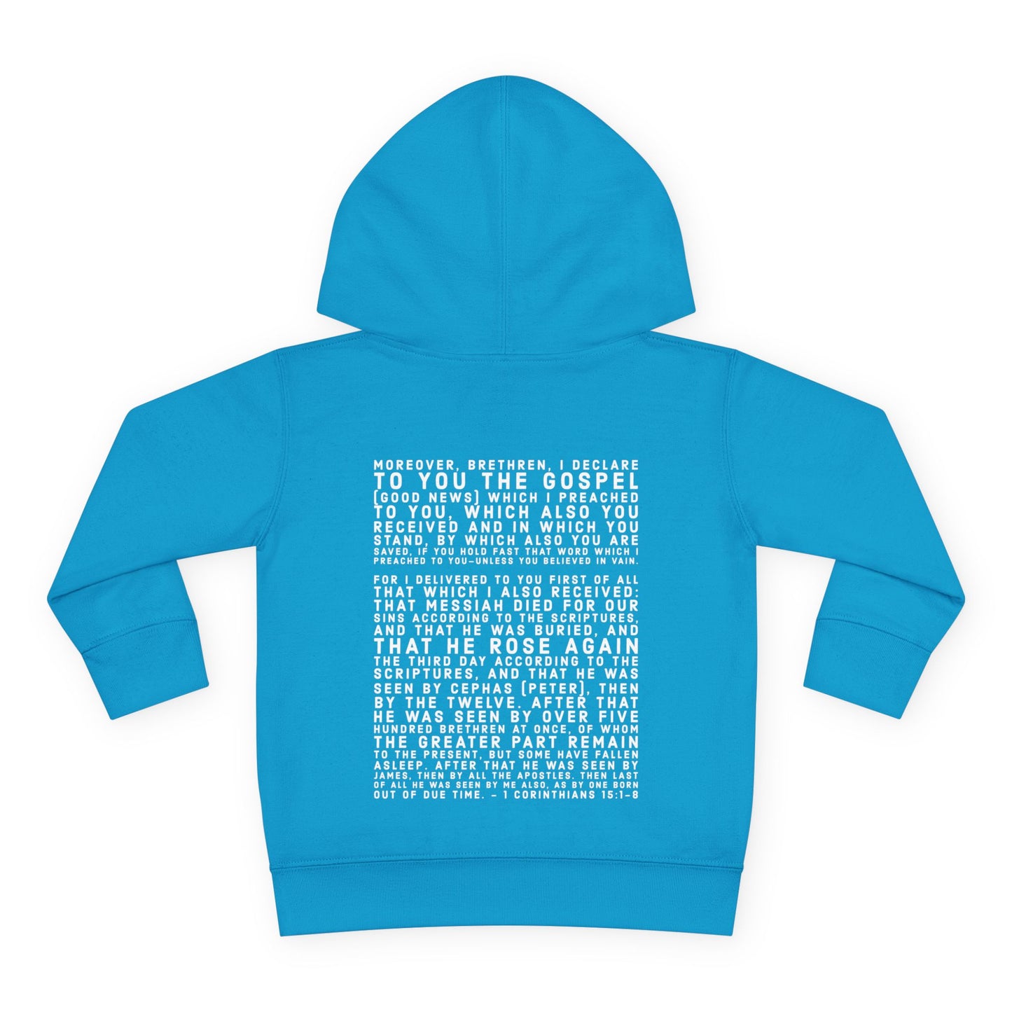 'I declare to you the gospel' - Back Text, Light Lettered Edition - (15 Color Options) - Toddler Pullover Fleece Hoodie