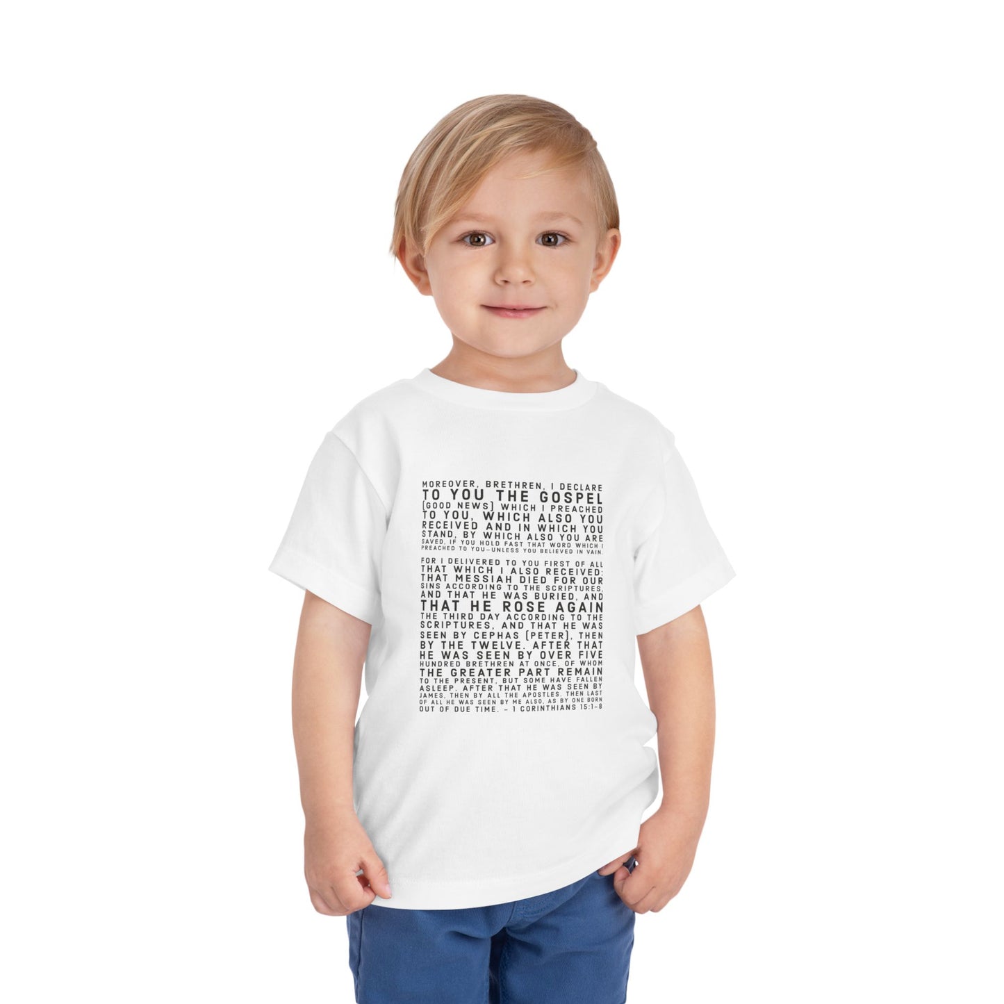 'I declare to you the gospel' - Front Text, Dark-Lettered Edition - (9 Color Options) - Toddler Short Sleeve Tee