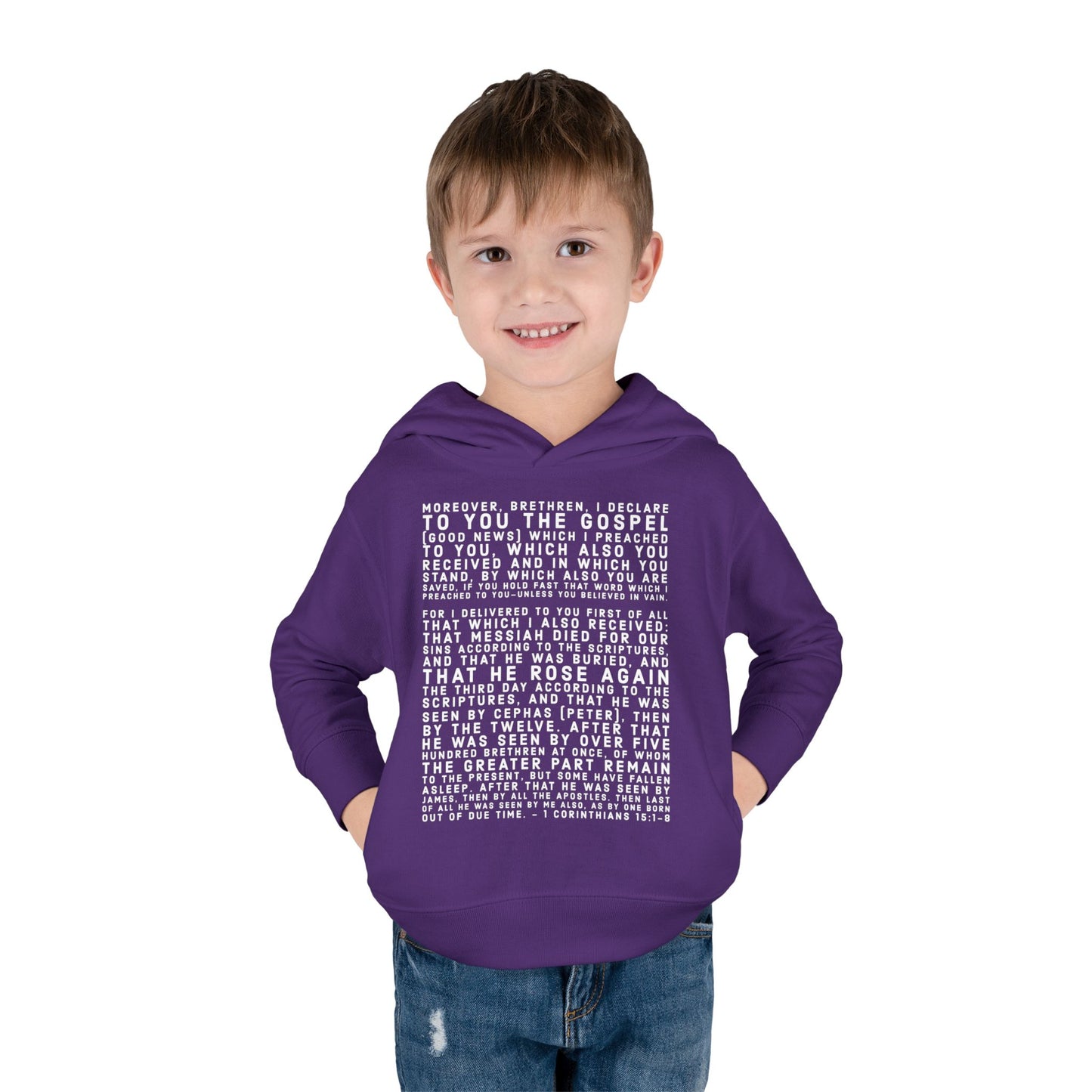 'I declare to you the gospel' - Front Text, Light Lettered Edition - (15 Color Options) - Toddler Pullover Fleece Hoodie