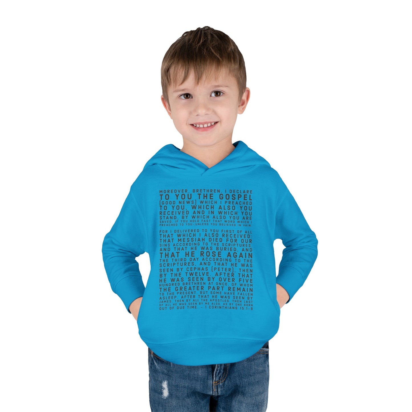 'I declare to you the gospel' - Front Text, Dark Lettered Edition - (7 Color Options) - Toddler Pullover Fleece Hoodie