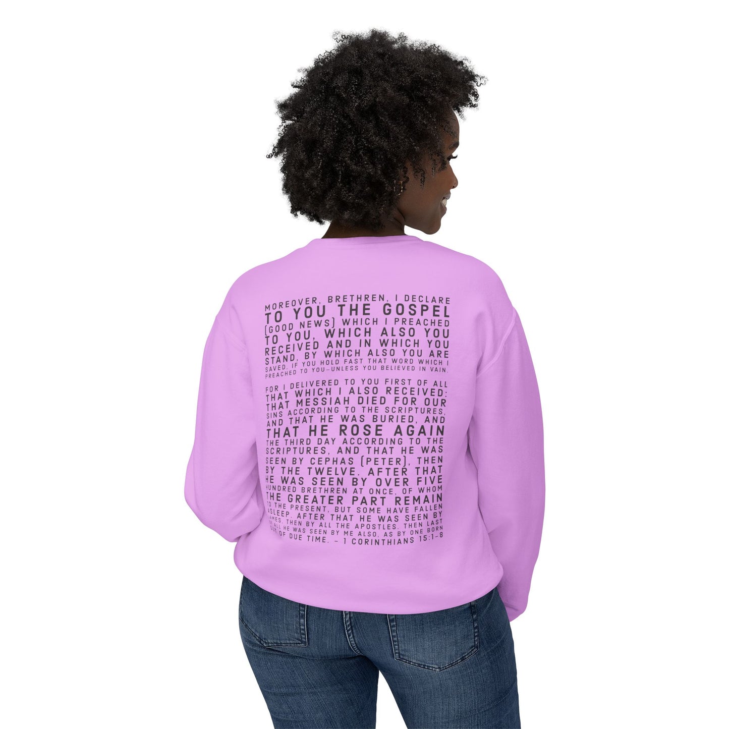 'I declare to you the gospel' - Back Text, Dark Lettered Edition - (7 Color Options) - Adult Unisex Lightweight Crewneck Sweatshirt