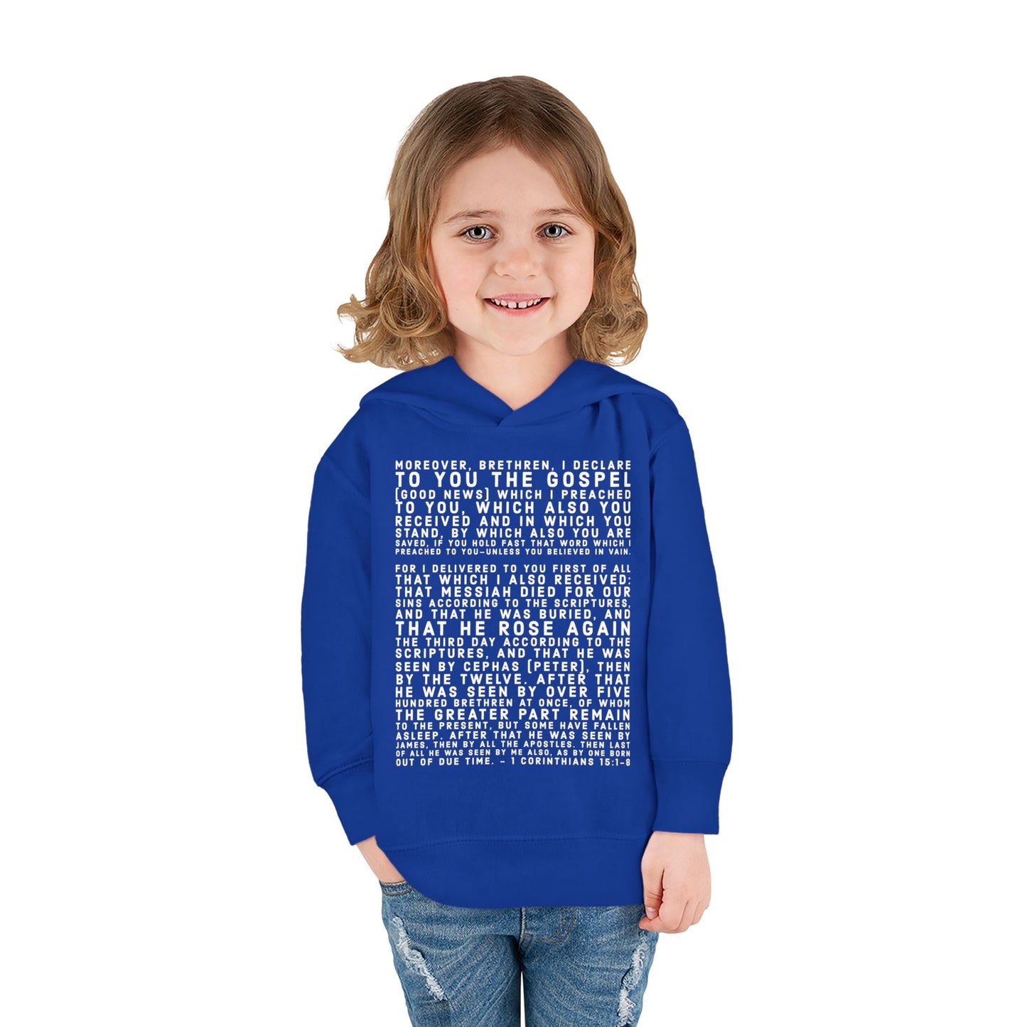 'I declare to you the gospel' - Front Text, Light Lettered Edition - (15 Color Options) - Toddler Pullover Fleece Hoodie