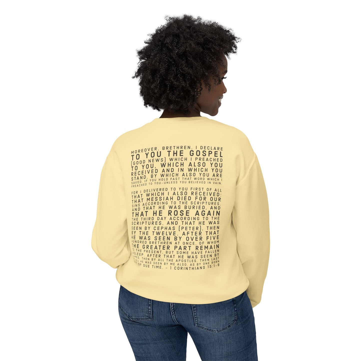 'I declare to you the gospel' - Back Text, Dark Lettered Edition - (7 Color Options) - Adult Unisex Lightweight Crewneck Sweatshirt