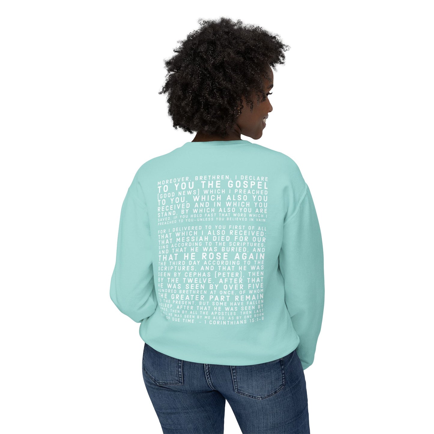 'I declare to you the gospel' - Back Text, Light Lettered Edition - (10 Color Options) - Adult Unisex Lightweight Crewneck Sweatshirt