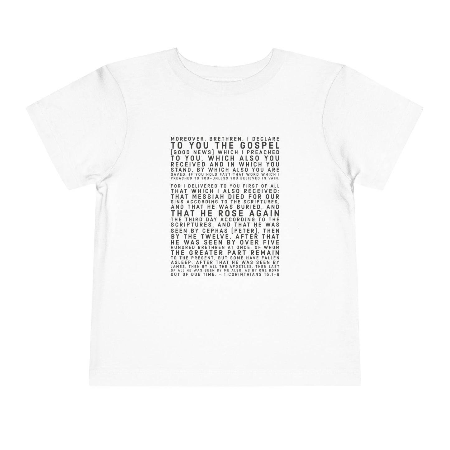 'I declare to you the gospel' - Front Text, Dark-Lettered Edition - (9 Color Options) - Toddler Short Sleeve Tee