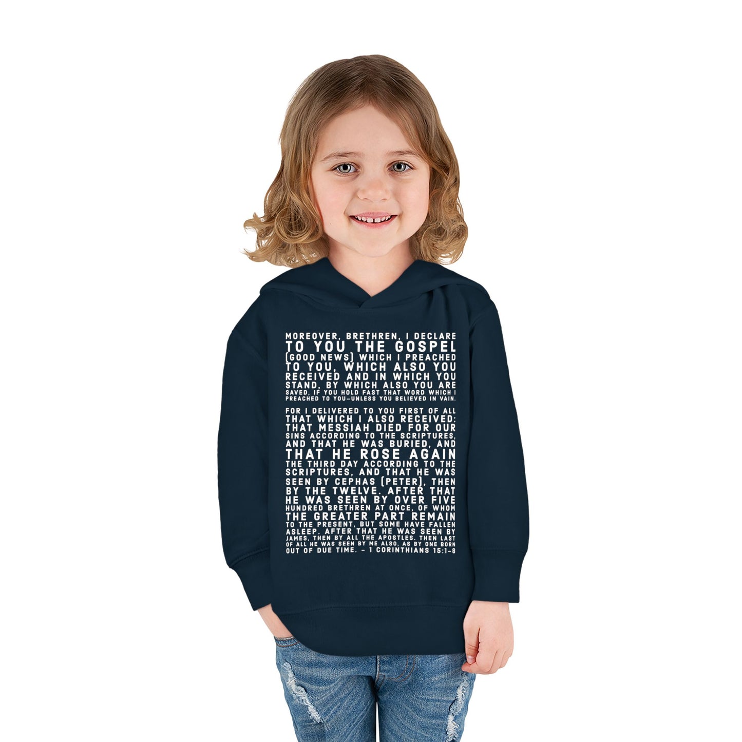 'I declare to you the gospel' - Front Text, Light Lettered Edition - (15 Color Options) - Toddler Pullover Fleece Hoodie