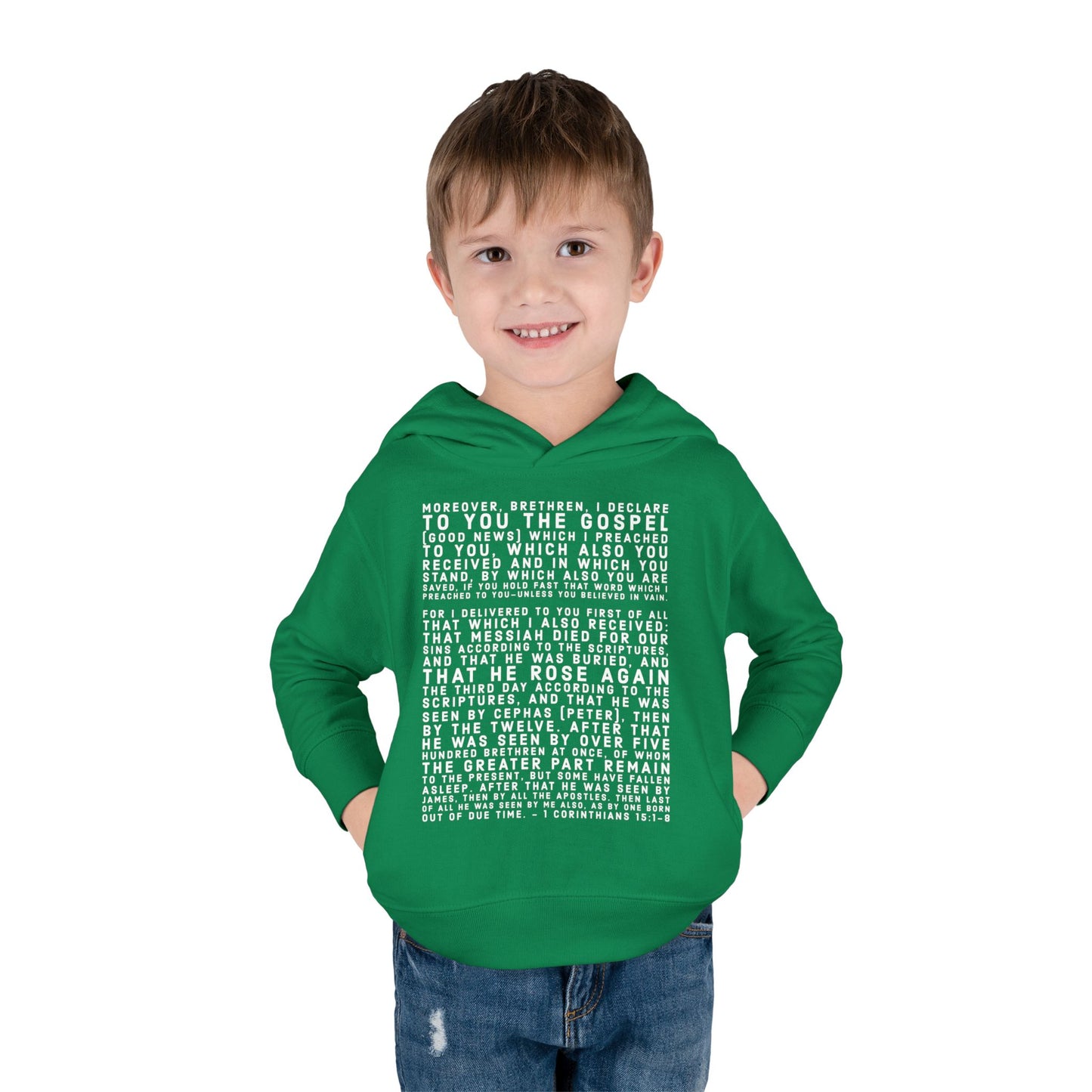 'I declare to you the gospel' - Front Text, Light Lettered Edition - (15 Color Options) - Toddler Pullover Fleece Hoodie