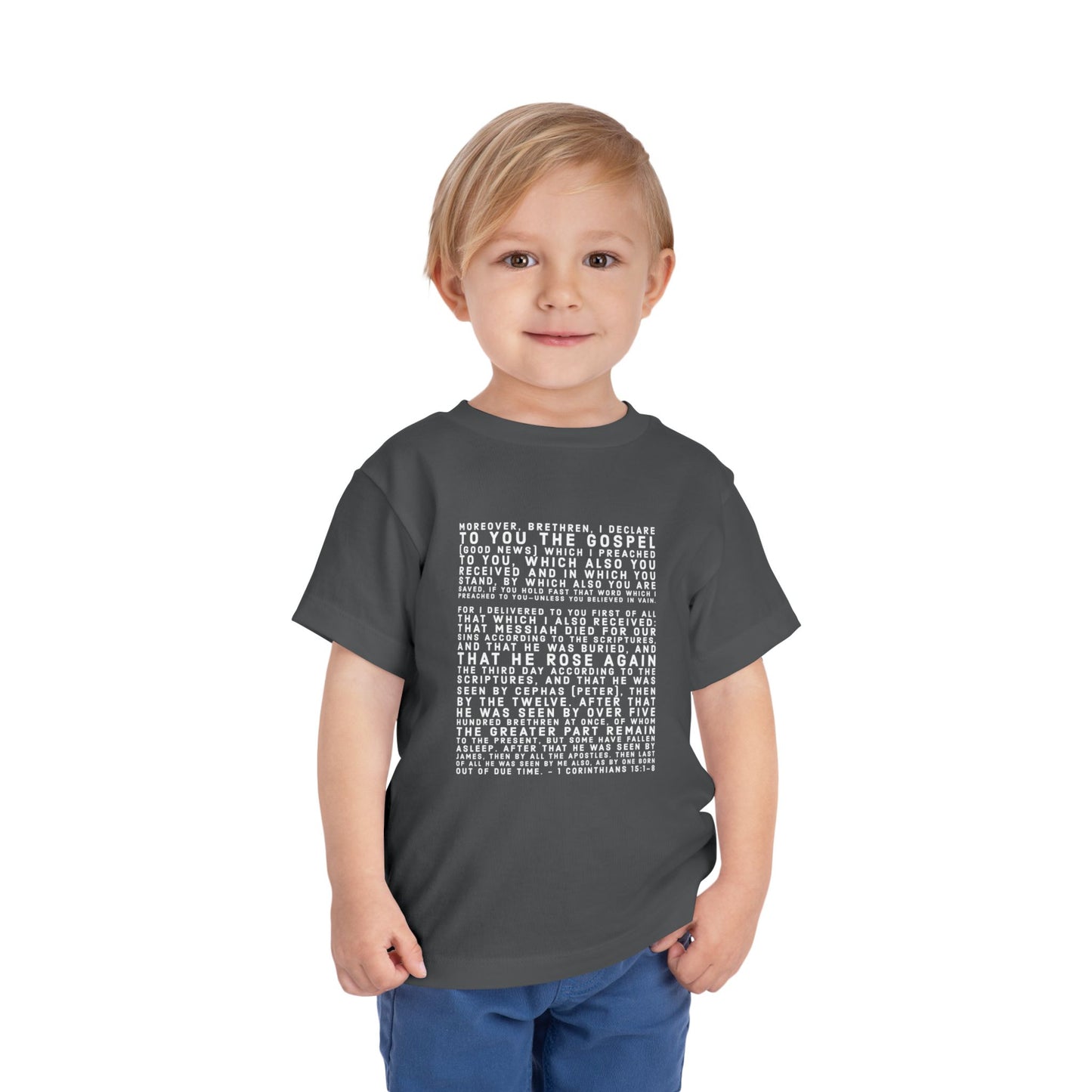 'I declare to you the gospel' - Front Text, Light-Lettered Edition - (9 Color Options) - Toddler Short Sleeve Tee