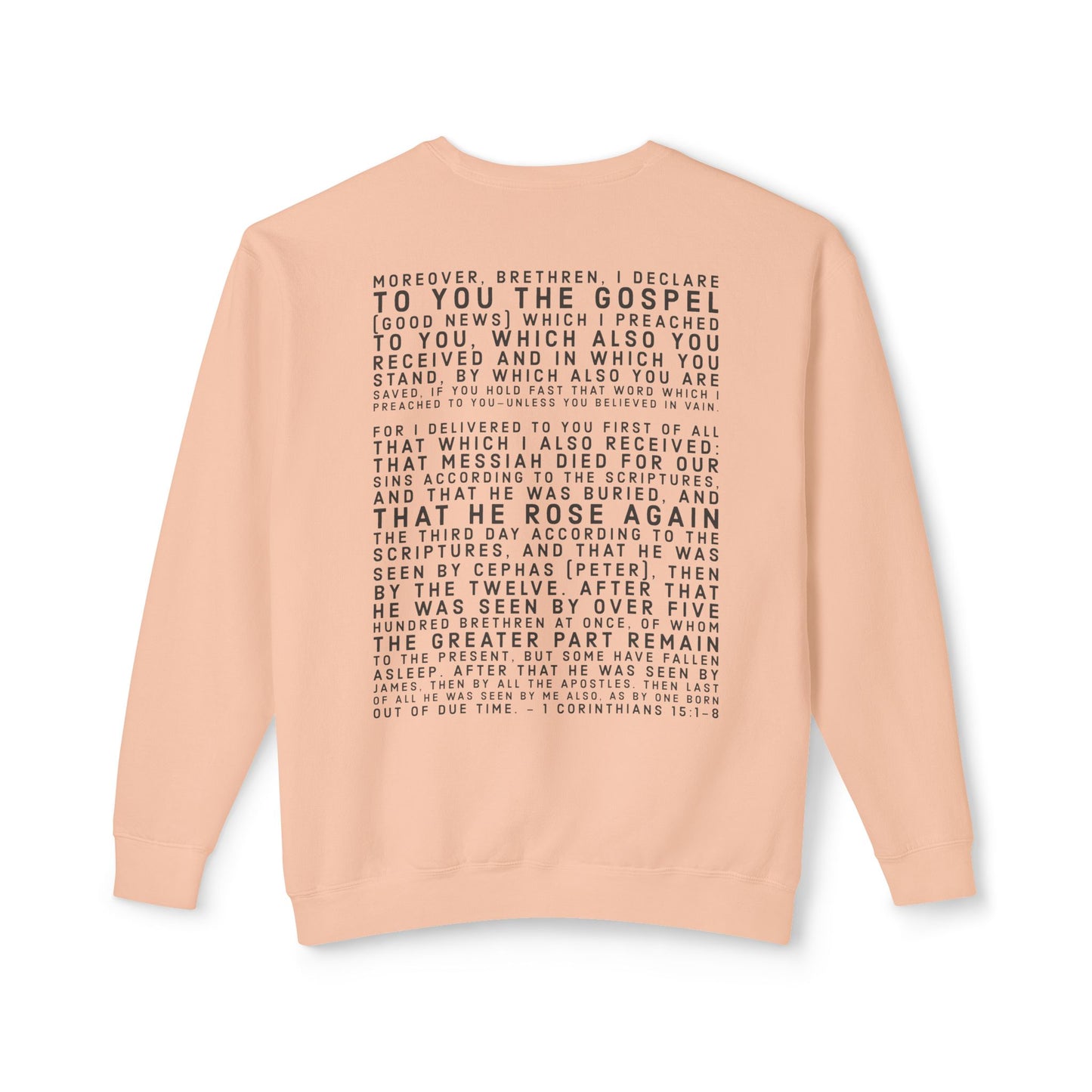 'I declare to you the gospel' - Back Text, Dark Lettered Edition - (7 Color Options) - Adult Unisex Lightweight Crewneck Sweatshirt