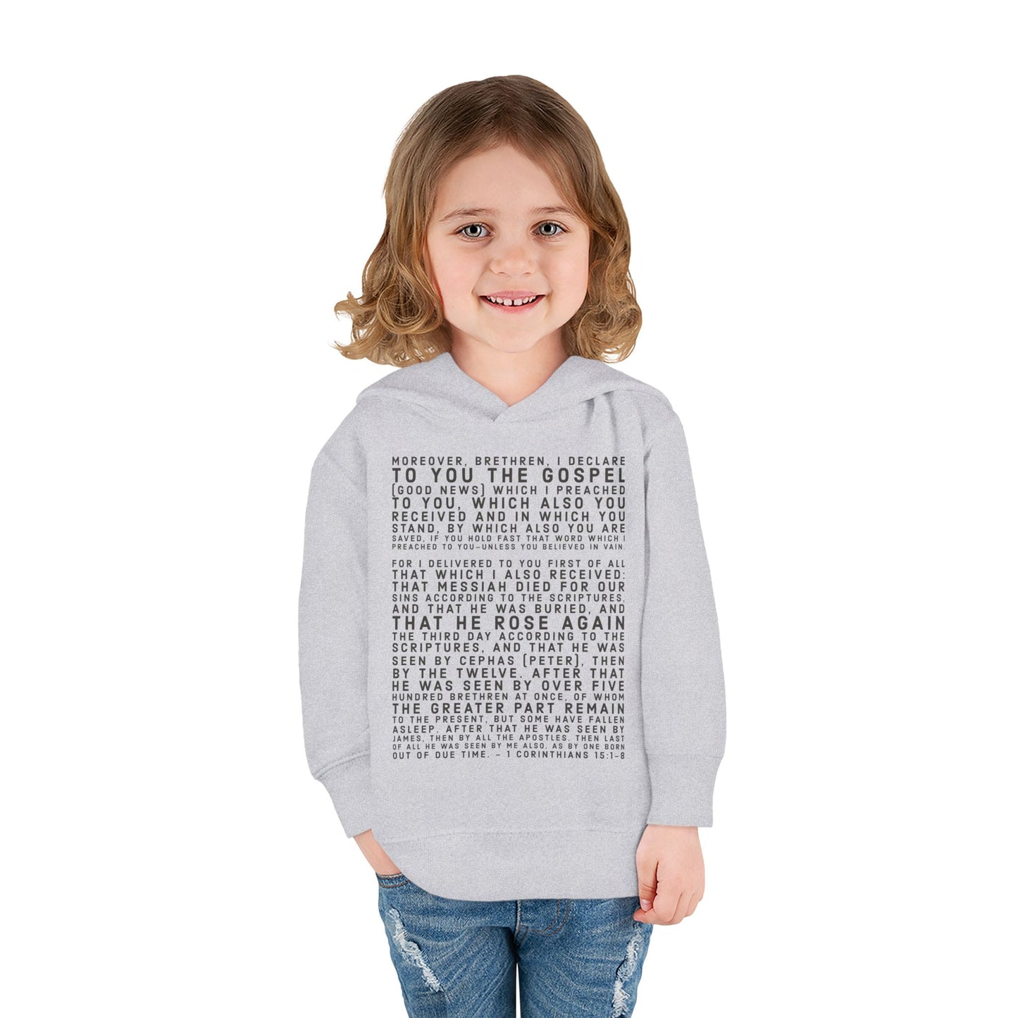 'I declare to you the gospel' - Front Text, Dark Lettered Edition - (7 Color Options) - Toddler Pullover Fleece Hoodie