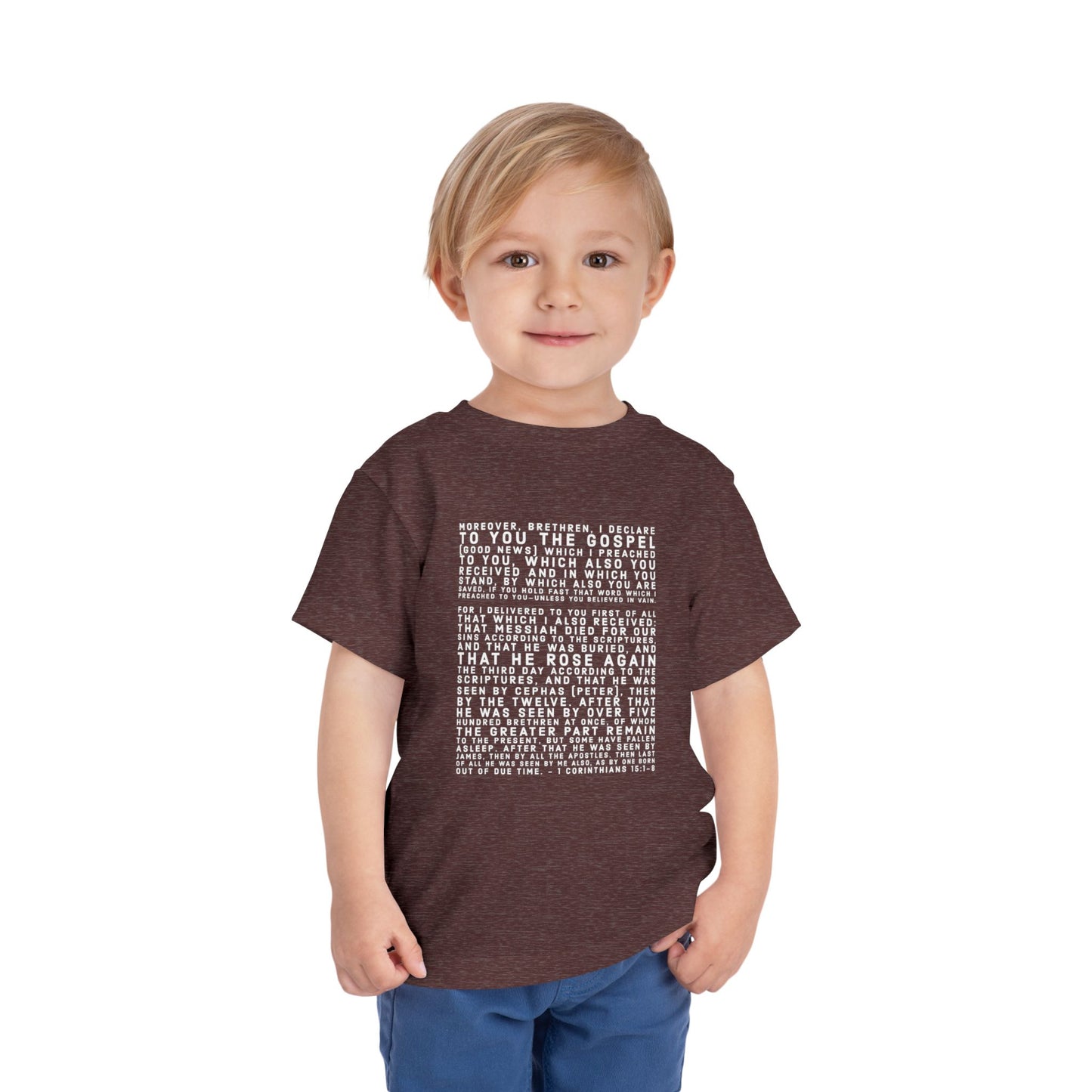 'I declare to you the gospel' - Front Text, Light-Lettered Edition - (9 Color Options) - Toddler Short Sleeve Tee