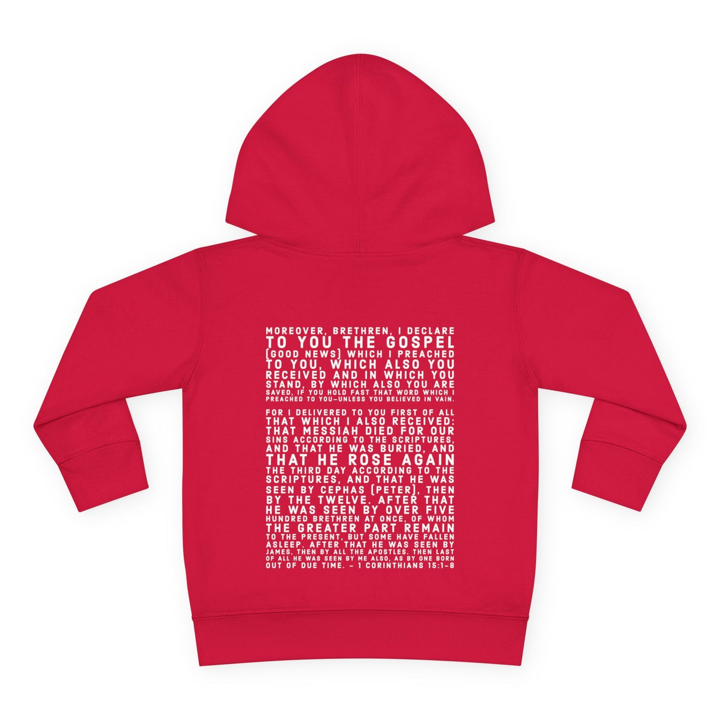 'I declare to you the gospel' - Back Text, Light Lettered Edition - (15 Color Options) - Toddler Pullover Fleece Hoodie