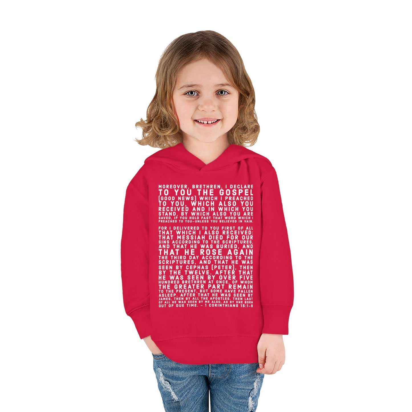 'I declare to you the gospel' - Front Text, Light Lettered Edition - (15 Color Options) - Toddler Pullover Fleece Hoodie