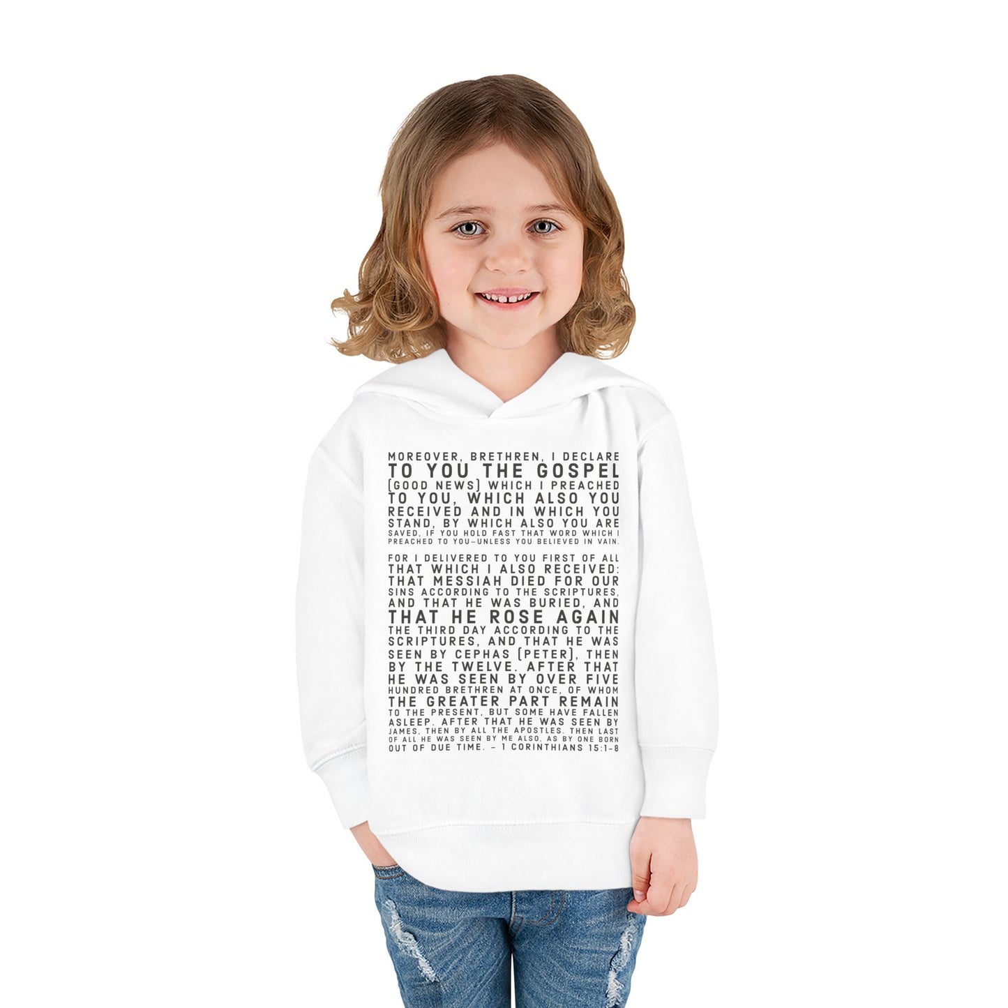 'I declare to you the gospel' - Front Text, Dark Lettered Edition - (7 Color Options) - Toddler Pullover Fleece Hoodie