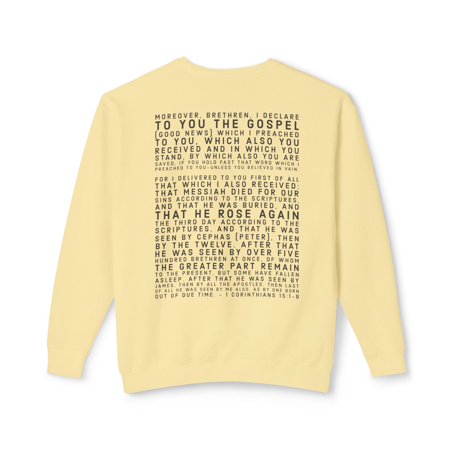 'I declare to you the gospel' - Back Text, Dark Lettered Edition - (7 Color Options) - Adult Unisex Lightweight Crewneck Sweatshirt