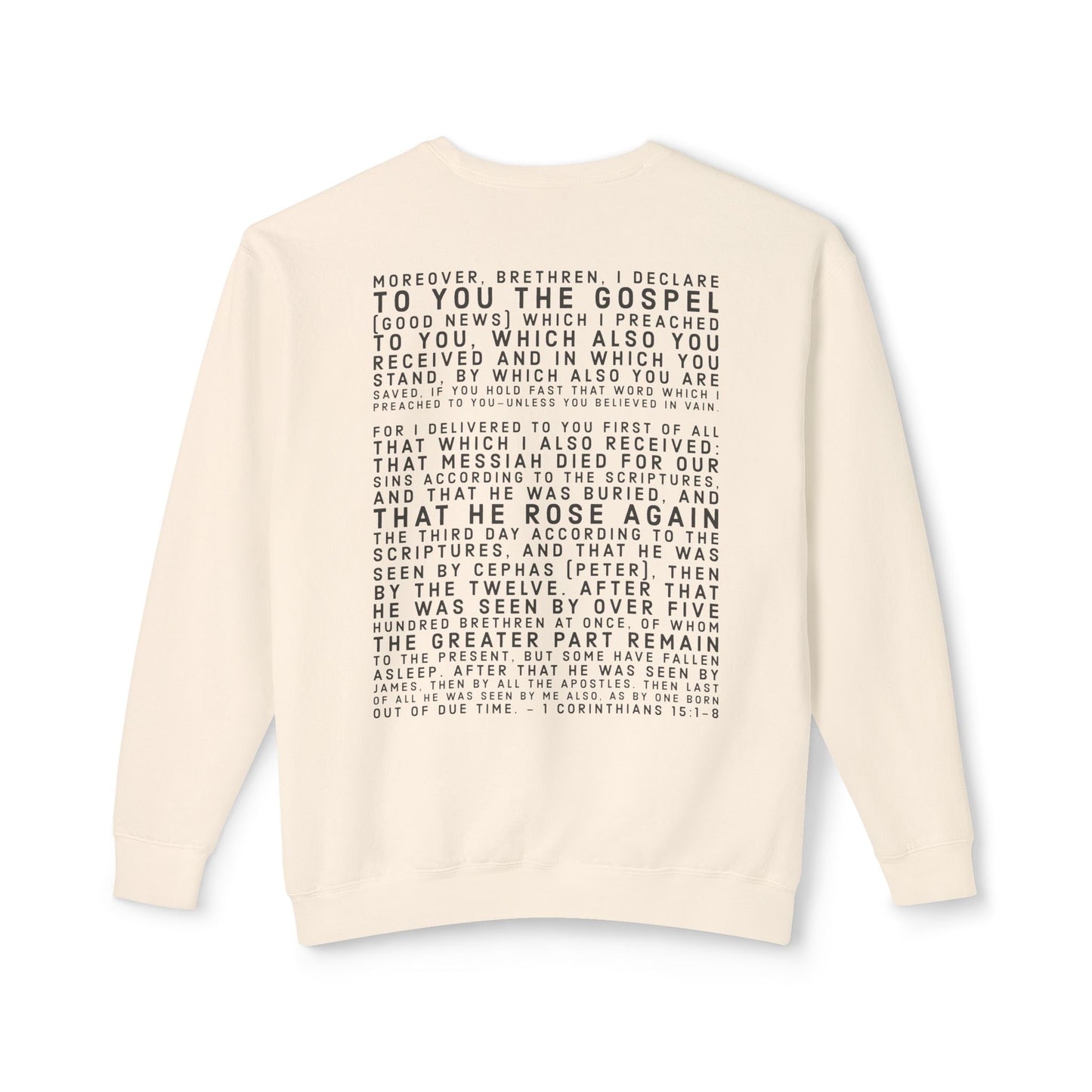 'I declare to you the gospel' - Back Text, Dark Lettered Edition - (7 Color Options) - Adult Unisex Lightweight Crewneck Sweatshirt