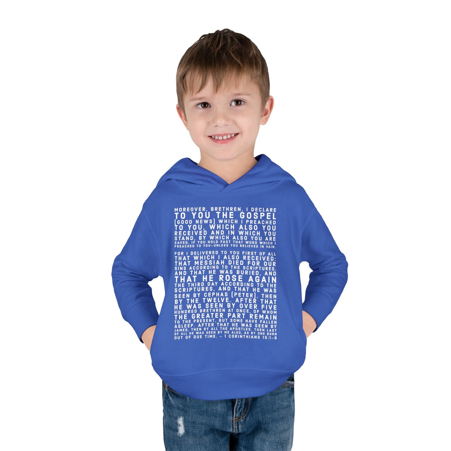 'I declare to you the gospel' - Front Text, Light Lettered Edition - (15 Color Options) - Toddler Pullover Fleece Hoodie