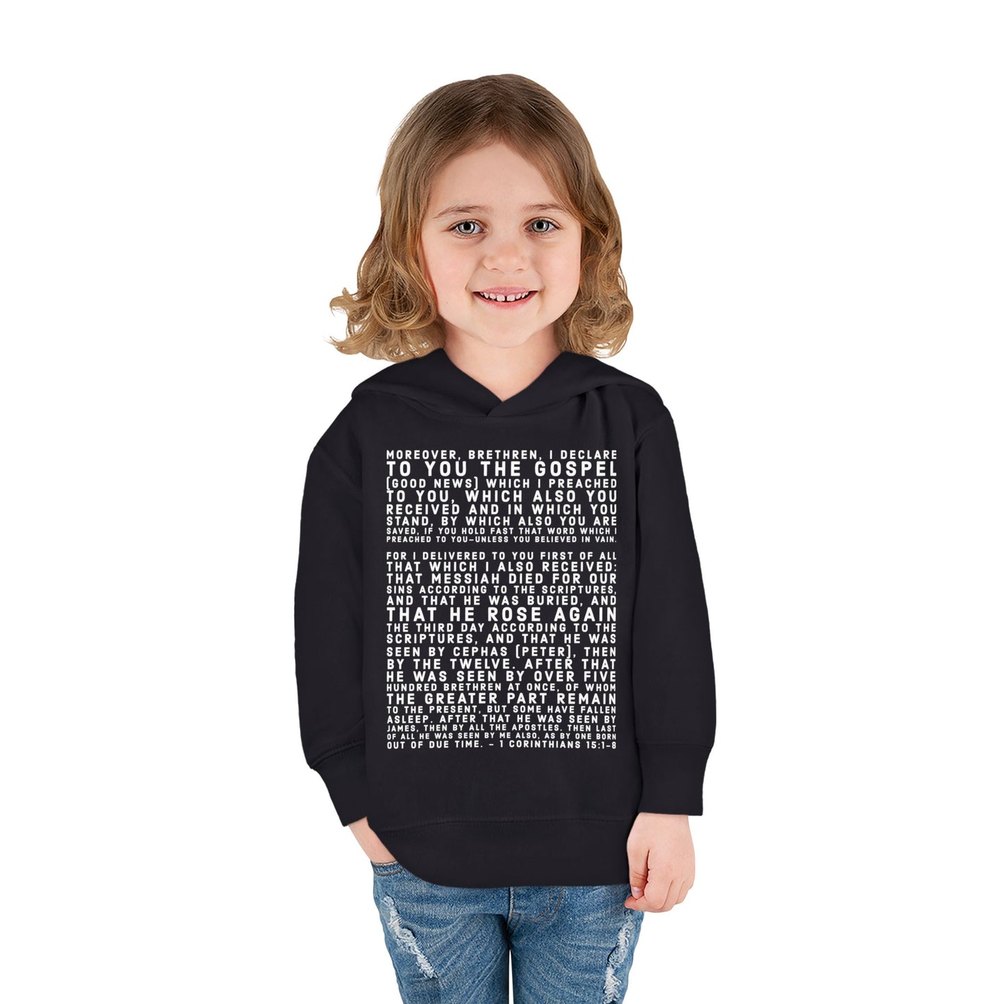 'I declare to you the gospel' - Front Text, Light Lettered Edition - (15 Color Options) - Toddler Pullover Fleece Hoodie