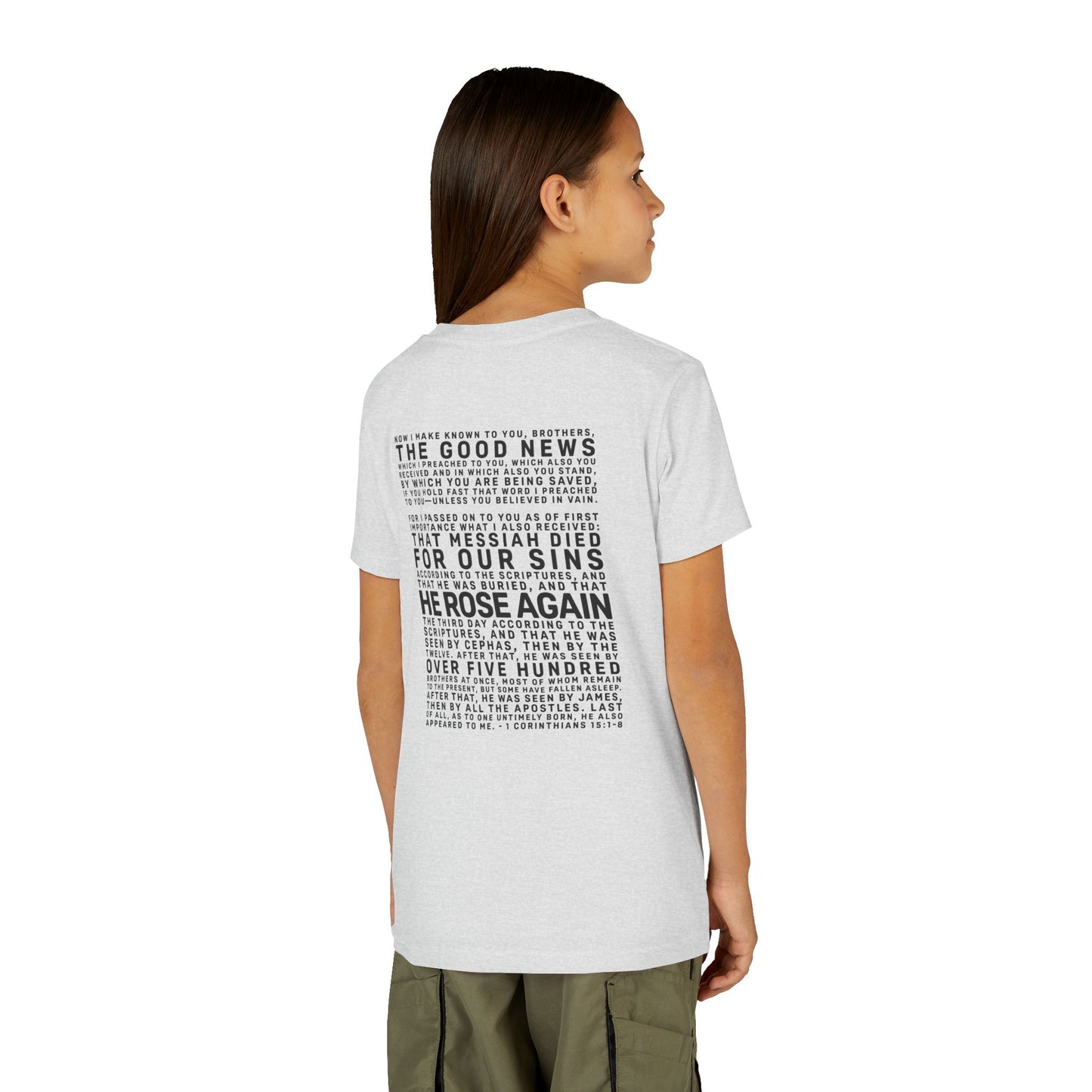The Gospel - Youth Short Sleeve Tee - Back Text, Dark-Lettered Edition - (17 Colors)