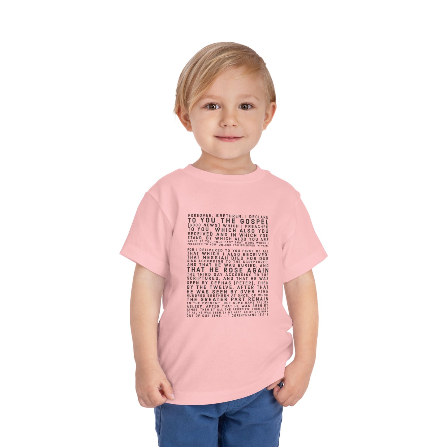 'I declare to you the gospel' - Front Text, Dark-Lettered Edition - (9 Color Options) - Toddler Short Sleeve Tee