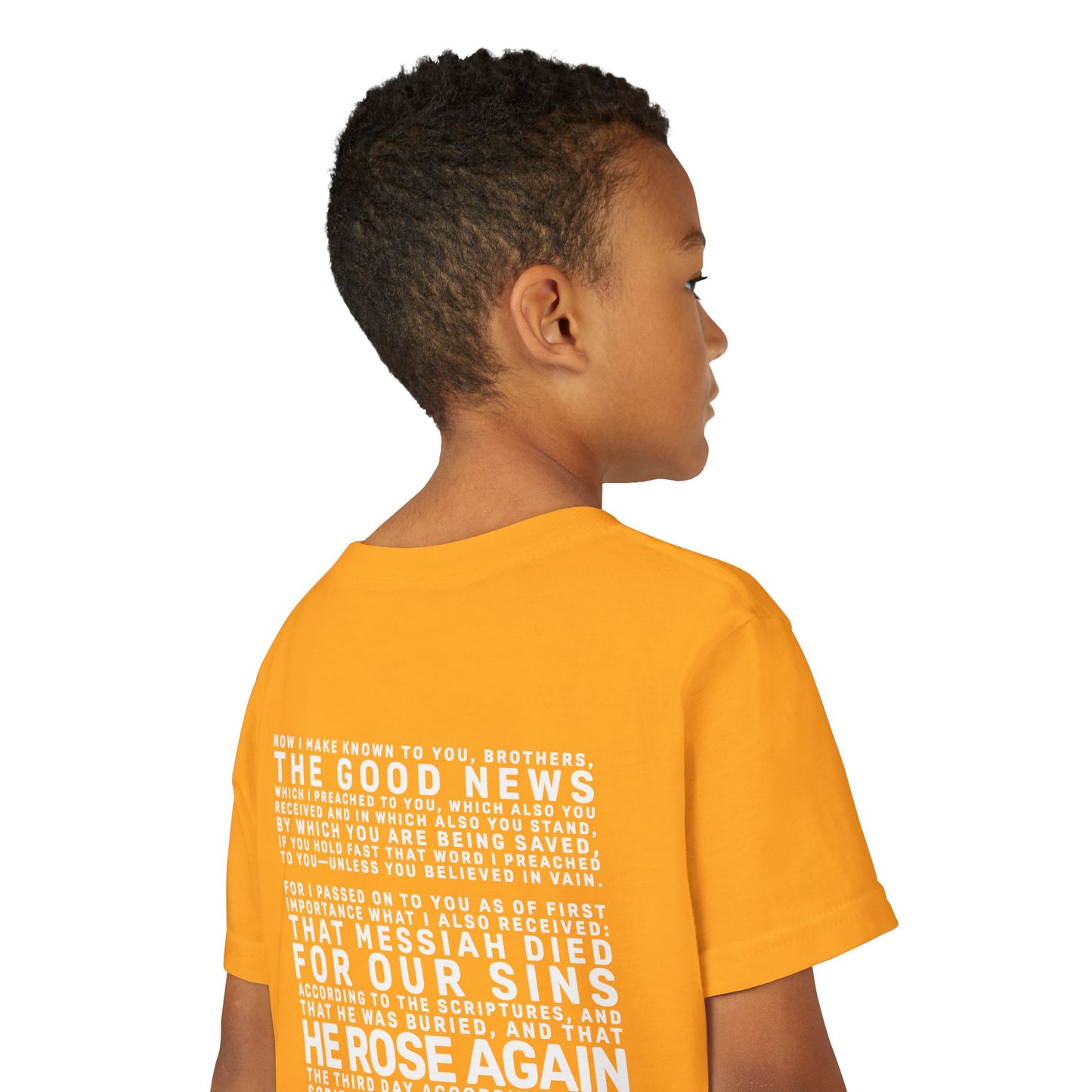 The Gospel - Youth Short Sleeve Tee - Back Text, Light-Lettered Edition - (22 Colors)