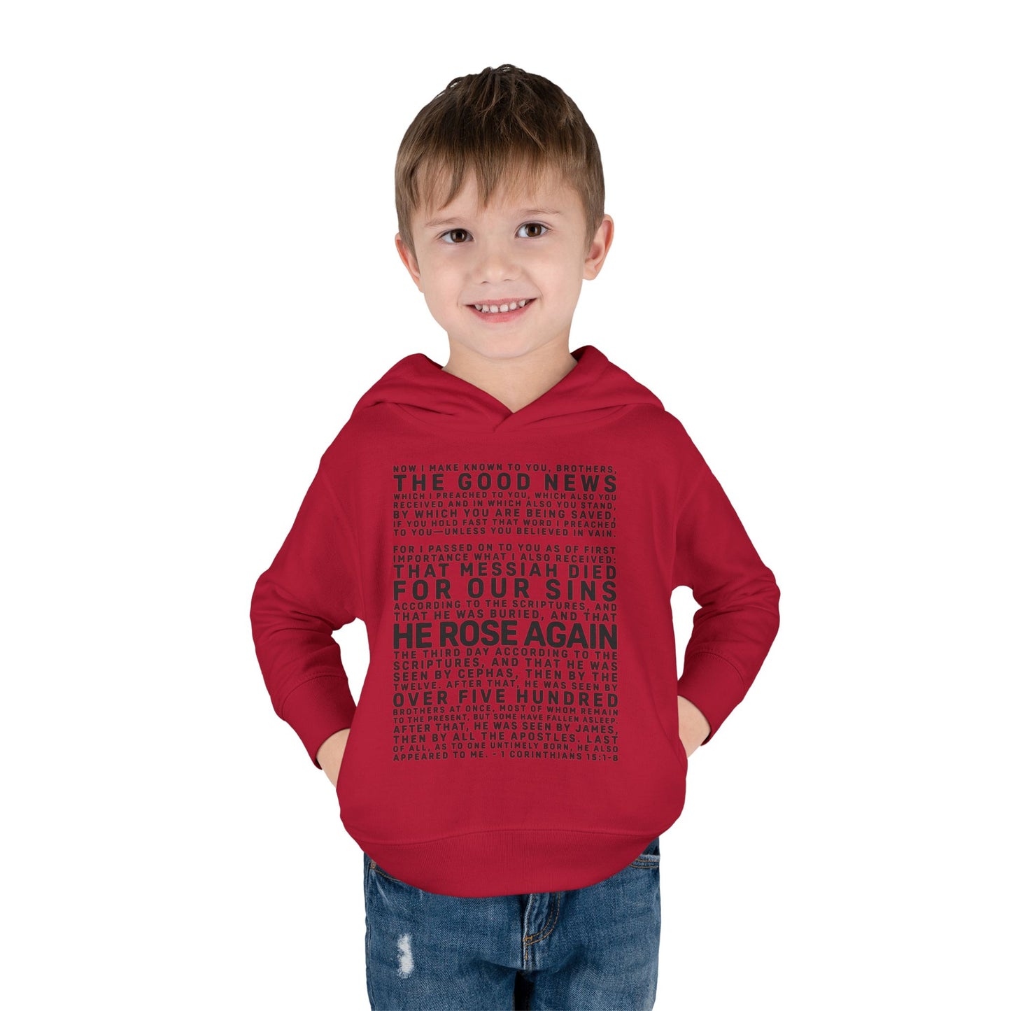 The Gospel - Toddler Pullover Hoodie - Front Text, Dark Lettered Edition - (13 Colors)