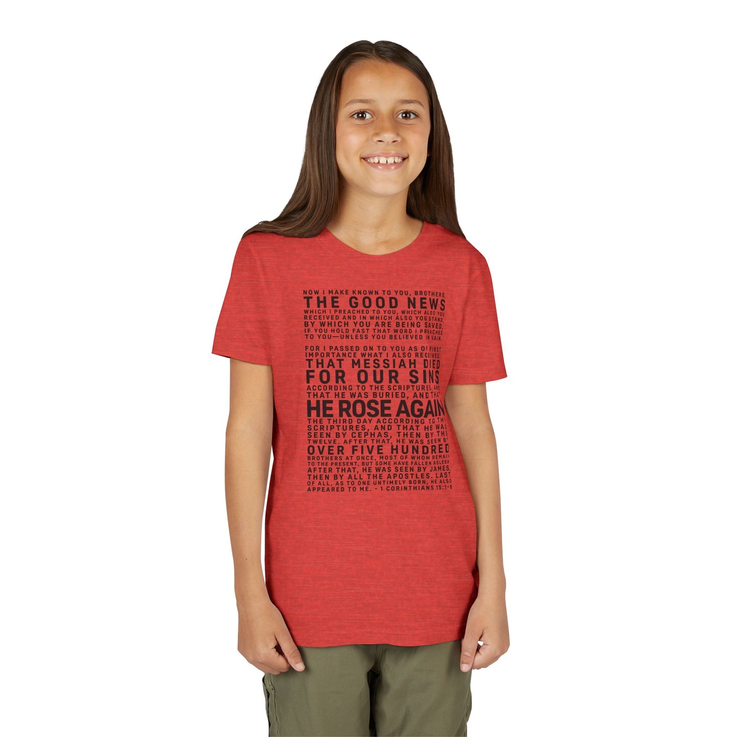 The Gospel - Youth Short Sleeve Tee - Front Text, Dark-Lettered Edition - (17 Colors)