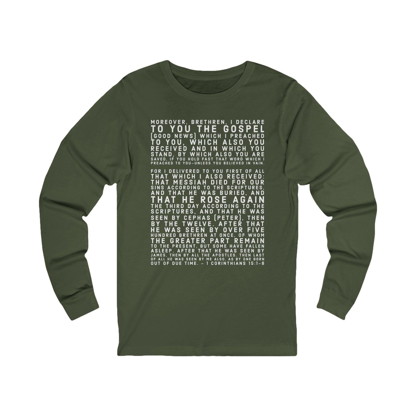 'I declare to you the gospel' - Front Text, Light Lettered Edition - (11 Color Options) - Adult Unisex Jersey Long Sleeve Tee
